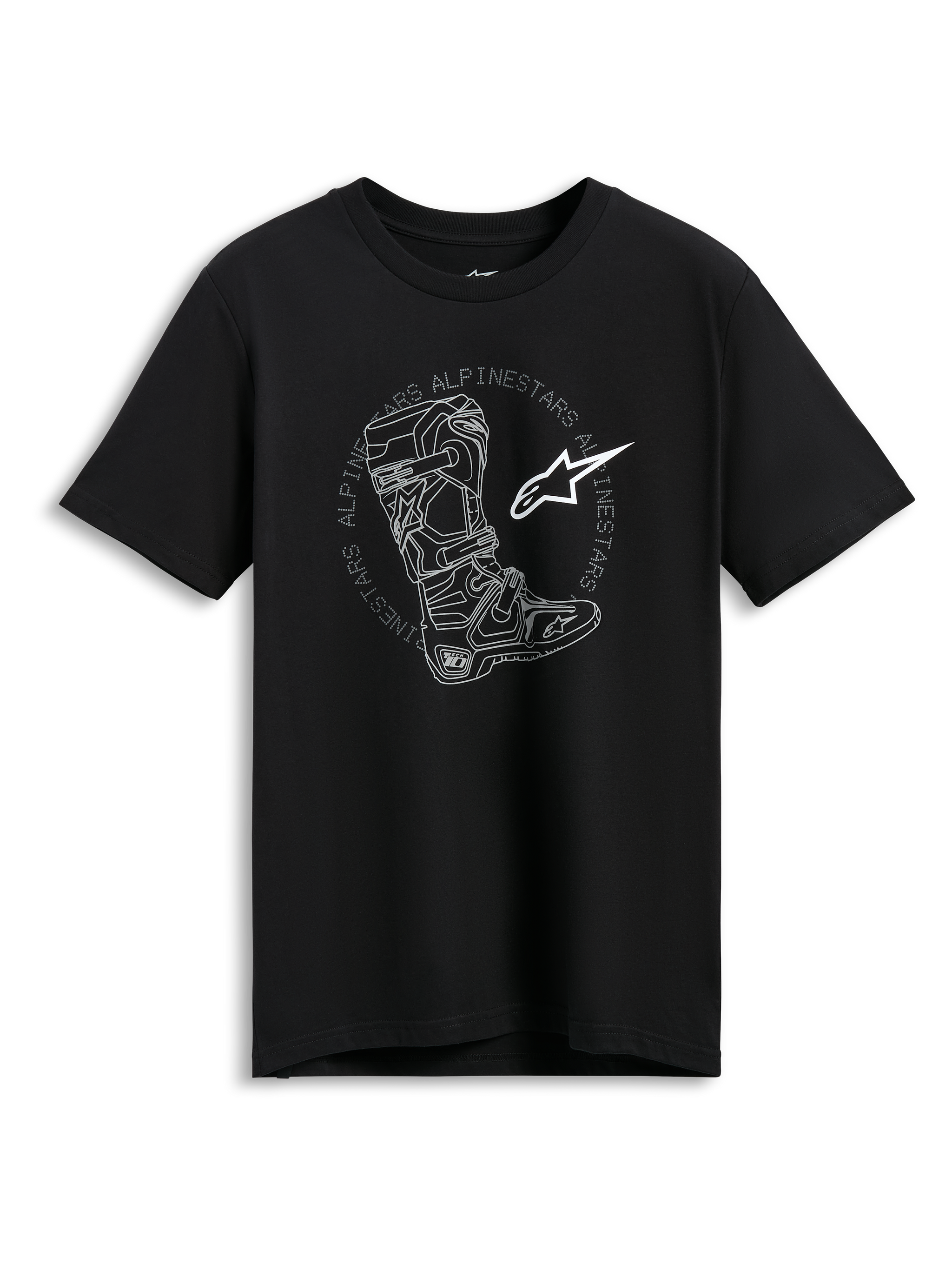 Alpinestars Tech Boot CSF Tee, koszulka z krótkim rękawem, czarna, biała ilustracja buta motocrossowego z okrągłym logotypem Alpinestars i logo gwiazdy, codzienna odzież motorsportowa typu streetwear