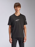 Alpinestars Frontal CSF Tee, Short Sleeve T-Shirt, Black, white Astars logo on chest, worn by model, casual motorsport apparel