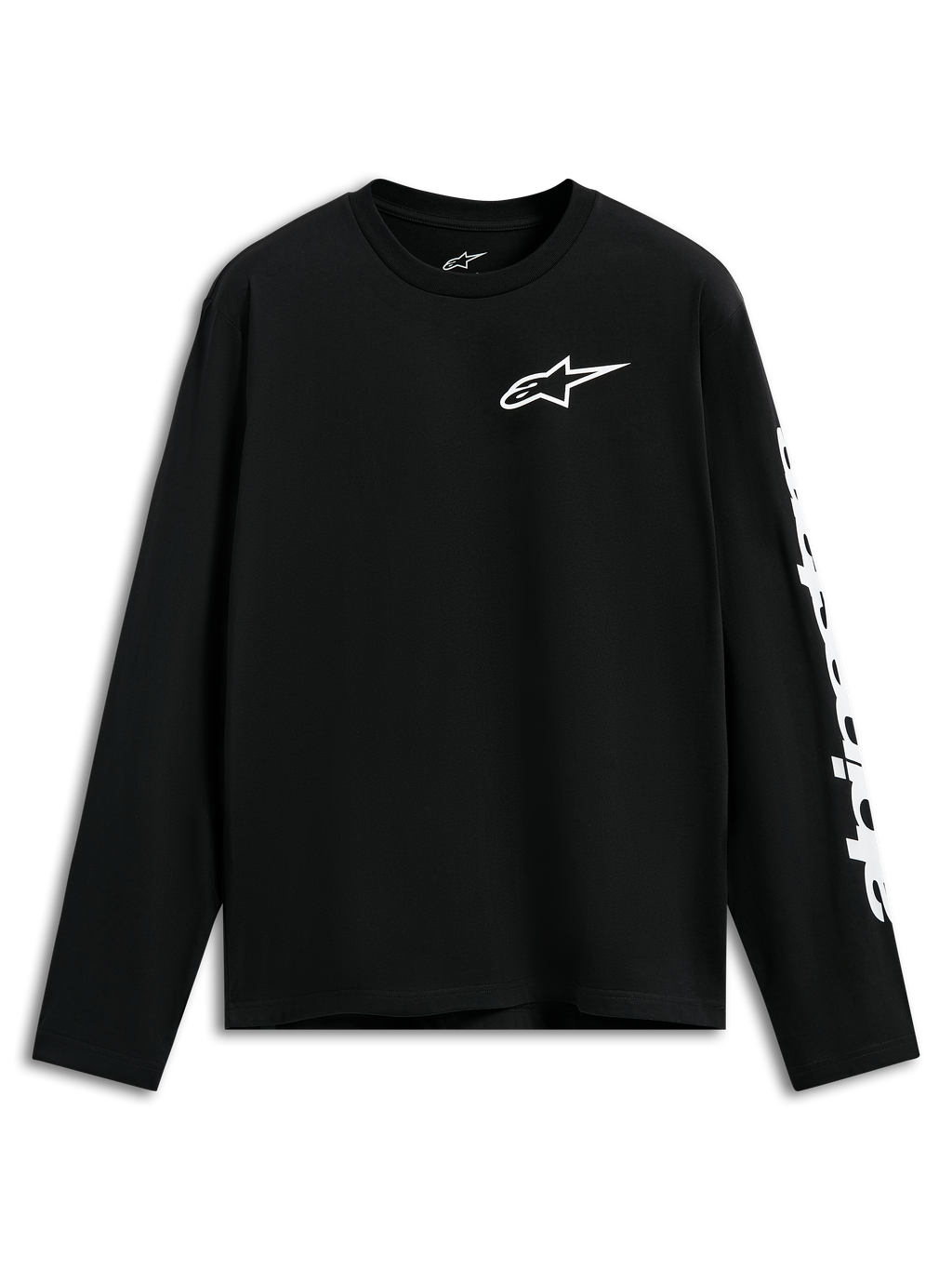 Alpinestars Trackside CSF Tee, koszulka z długim rękawem, czarna, białe logo Alpinestars na piersi i grafika na rękawie, codzienna odzież streetwearowa inspirowana motorsportem