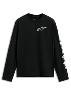 Alpinestars Trackside CSF Tee, koszulka z długim rękawem, czarna, białe logo Alpinestars na piersi i grafika na rękawie, codzienna odzież streetwearowa inspirowana motorsportem