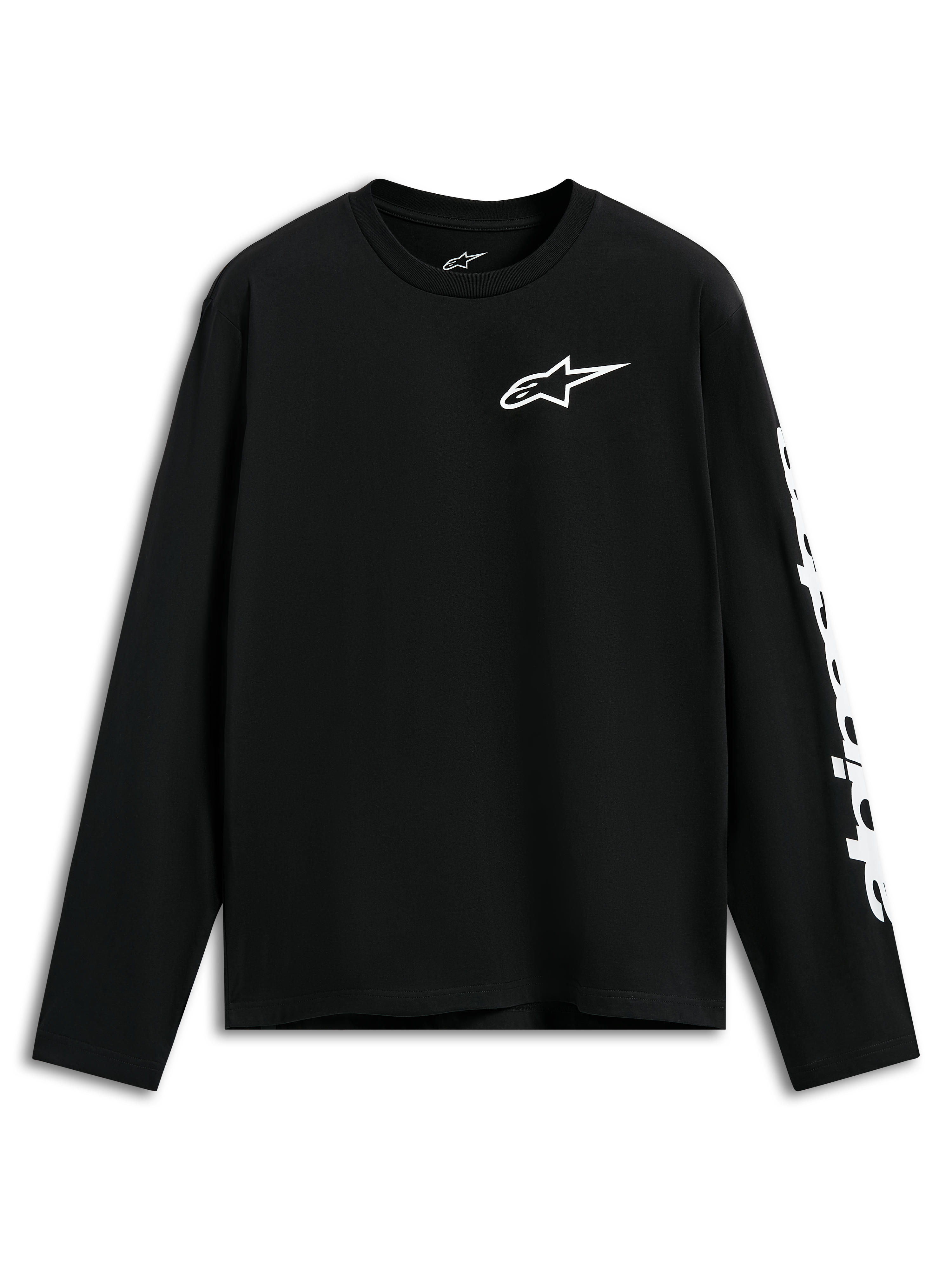 Alpinestars Trackside CSF Tee, koszulka z długim rękawem, czarna, białe logo Alpinestars na piersi i grafika na rękawie, codzienna odzież streetwearowa inspirowana motorsportem