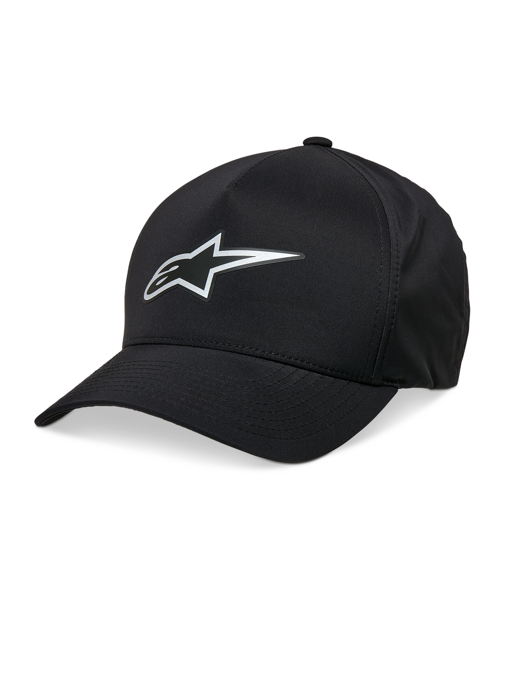 Alpinestars Ageless Reflex Waterproof Hat, czarna czapka bejsbolowa, zakrzywiony daszek, srebrne odblaskowe logo Astars, usztywniona korona, wodoodporna tkanina techniczna, codzienne nakrycie głowy w stylu motorsportowym