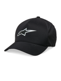 Alpinestars Ageless Reflex Waterproof Hat, czarna czapka bejsbolowa, zakrzywiony daszek, srebrne odblaskowe logo Astars, usztywniona korona, wodoodporna tkanina techniczna, codzienne nakrycie głowy w stylu motorsportowym