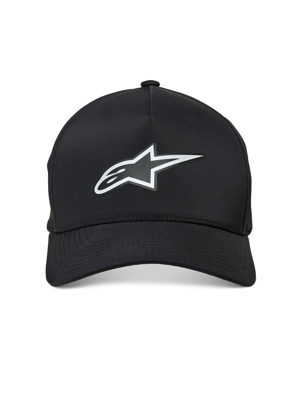 Alpinestars Ageless Reflex Waterproof Hat, czarna czapka z zakrzywionym daszkiem, odblaskowe srebrne logo Astars z przodu, usztywniona korona i techniczny materiał wodoodporny, widok z przodu