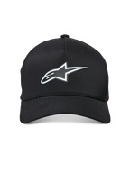 Alpinestars Ageless Reflex Waterproof Hat, czarna czapka z zakrzywionym daszkiem, odblaskowe srebrne logo Astars z przodu, usztywniona korona i techniczny materiał wodoodporny, widok z przodu