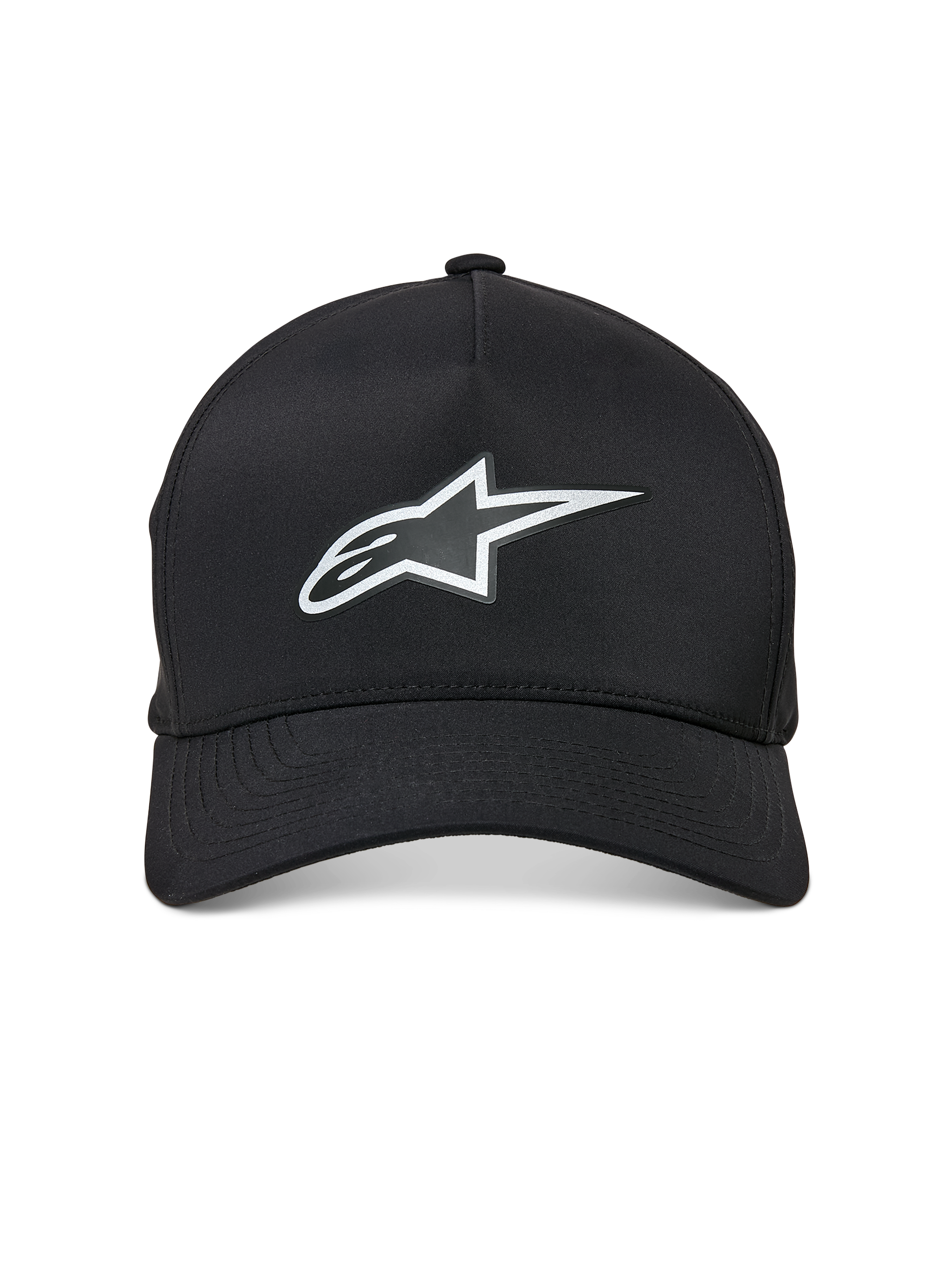 Alpinestars Ageless Reflex Waterproof Hat, czarna czapka z zakrzywionym daszkiem, odblaskowe srebrne logo Astars z przodu, usztywniona korona i techniczny materiał wodoodporny, widok z przodu