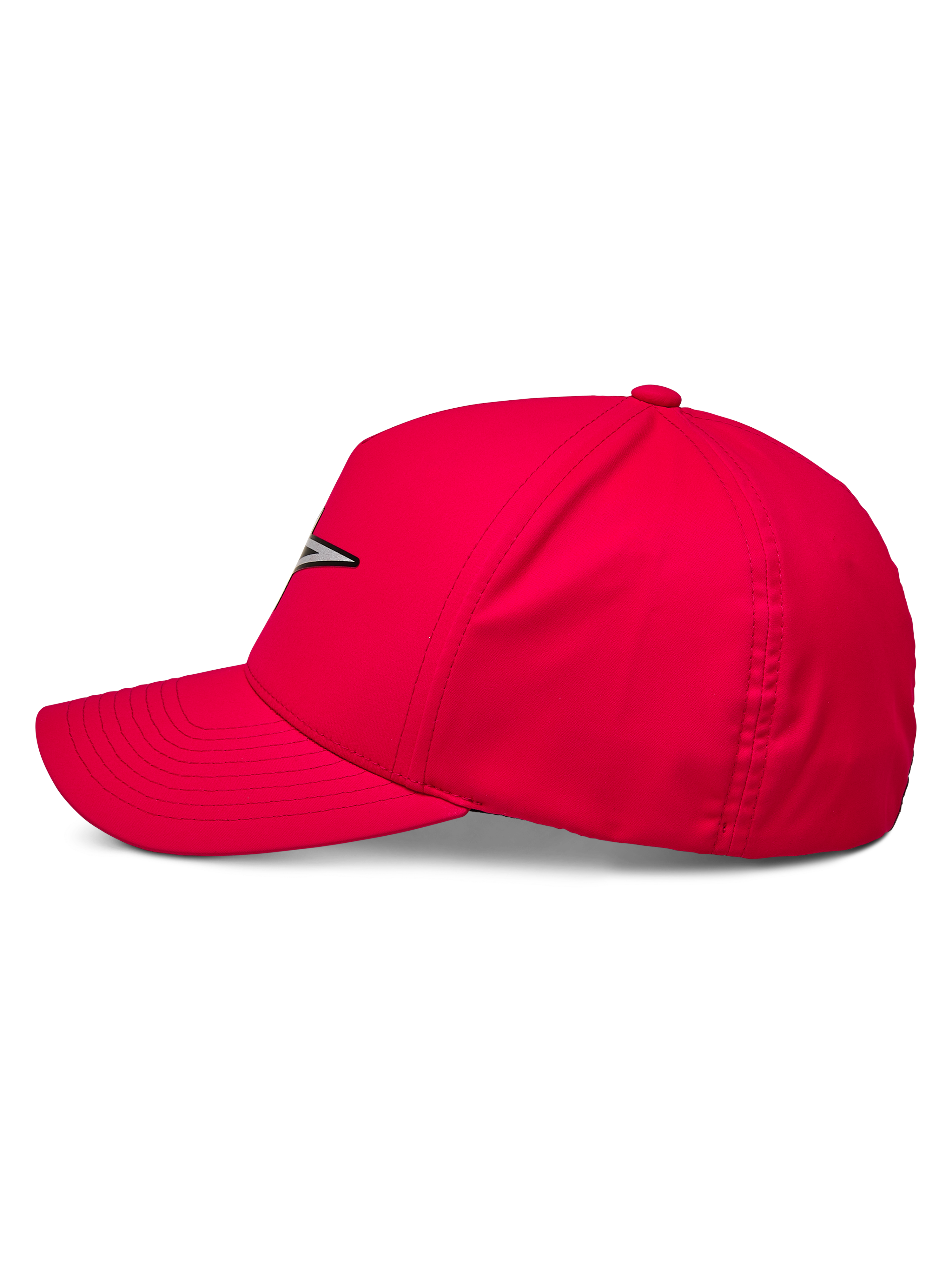 Alpinestars Ageless Reflex Waterproof Hat, czerwona czapka z daszkiem, widok z profilu ukazujący zakrzywiony daszek i usztywnioną koronę, odblaskowe logo Astars z przodu, casualowa odzież sportowa