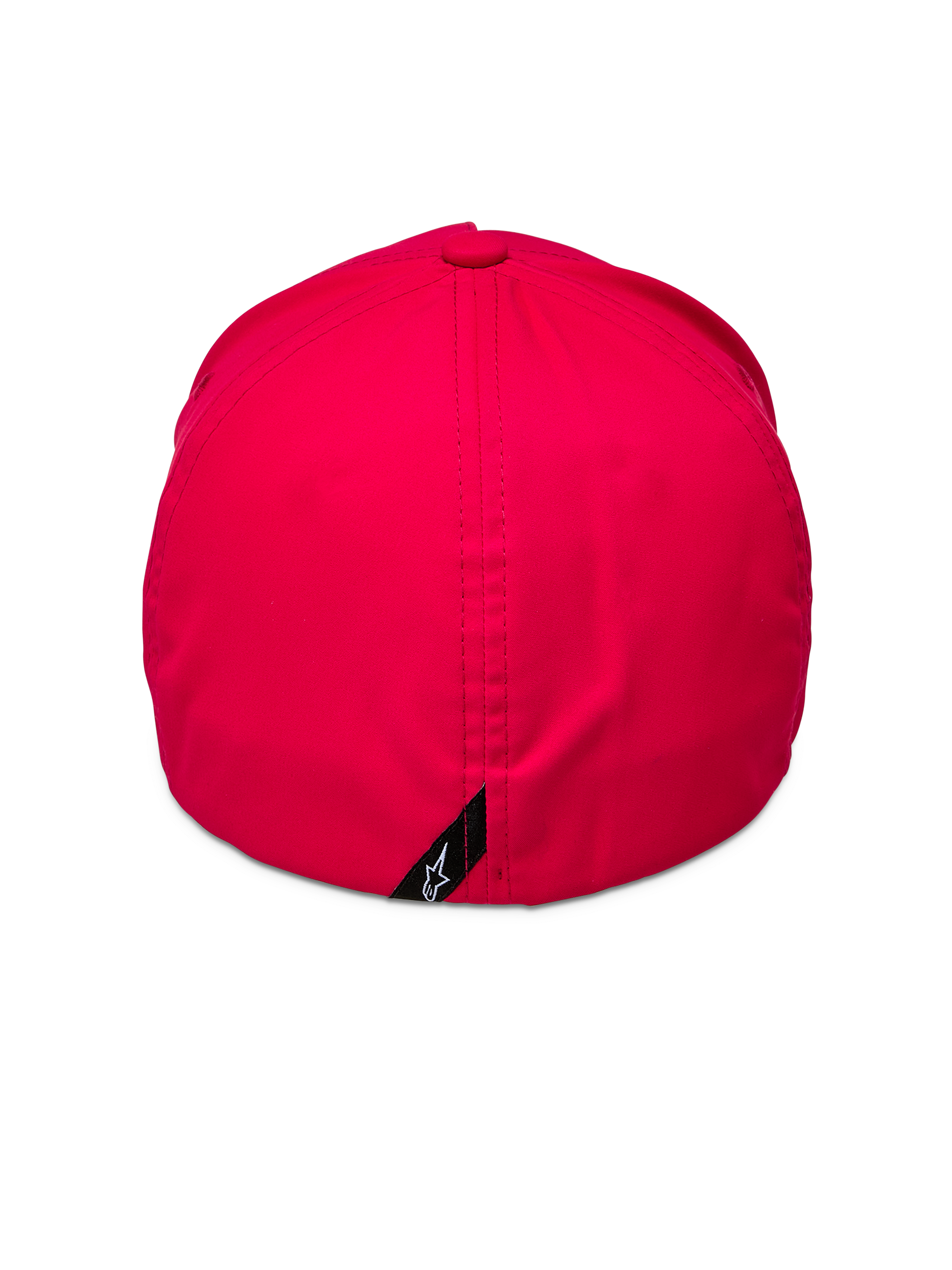 Alpinestars Ageless Reflex Waterproof Hat, czerwona, widok z tyłu przedstawiający zamkniętą konstrukcję typu flex fit z pionowym szwem i małą czarną metką z białym logo Astars, techniczna tkanina wodoodporna