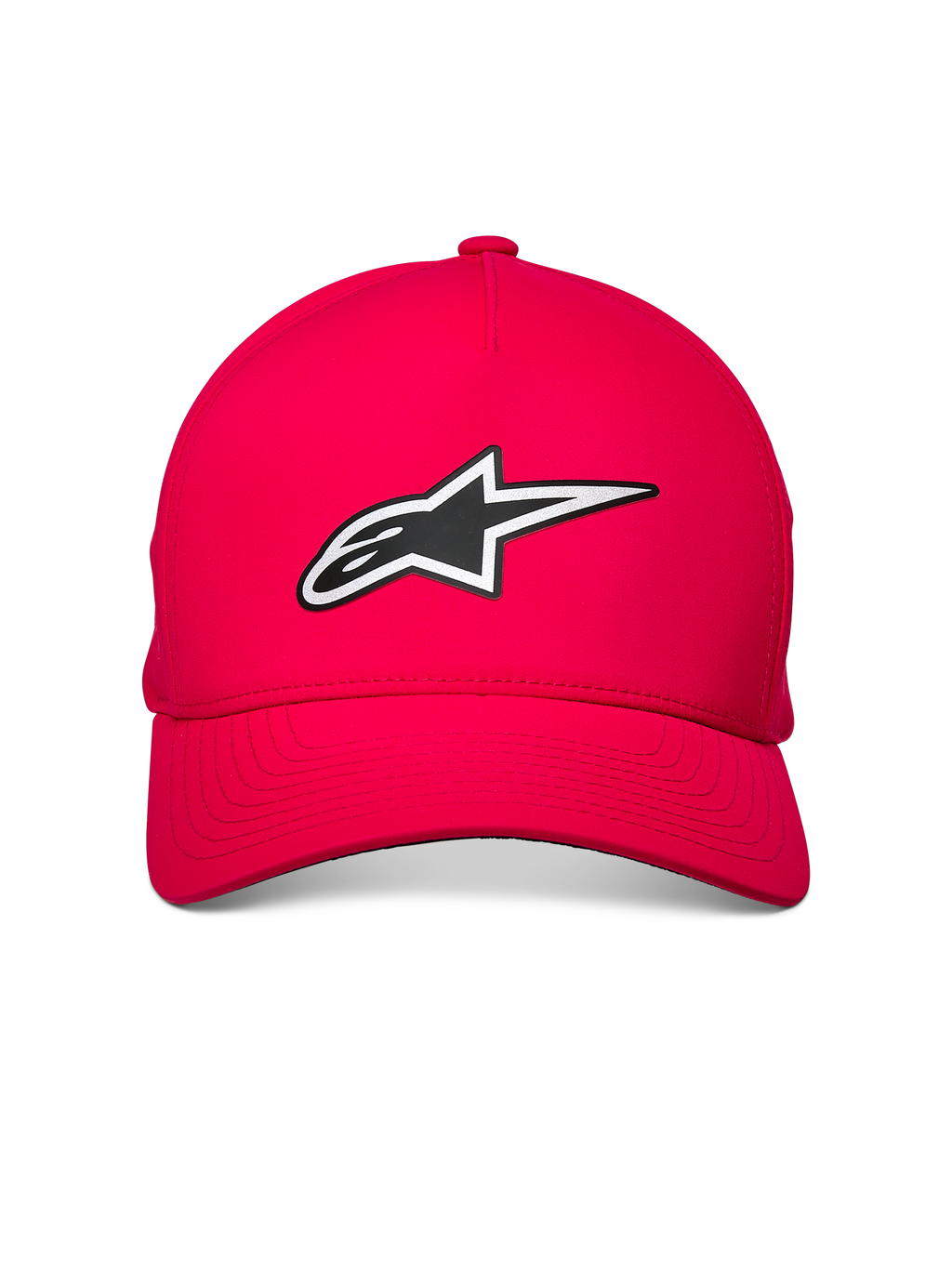 Alpinestars Ageless Reflex Waterproof Hat, czerwona czapka z daszkiem, z przodu odblaskowe logo Astars, zakrzywiony daszek i usztywniona korona, wodoodporna tkanina techniczna w stylu motorsportowym