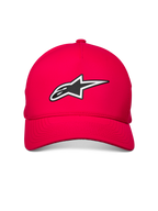 Alpinestars Ageless Reflex Waterproof Hat, czerwona czapka z daszkiem, z przodu odblaskowe logo Astars, zakrzywiony daszek i usztywniona korona, wodoodporna tkanina techniczna w stylu motorsportowym