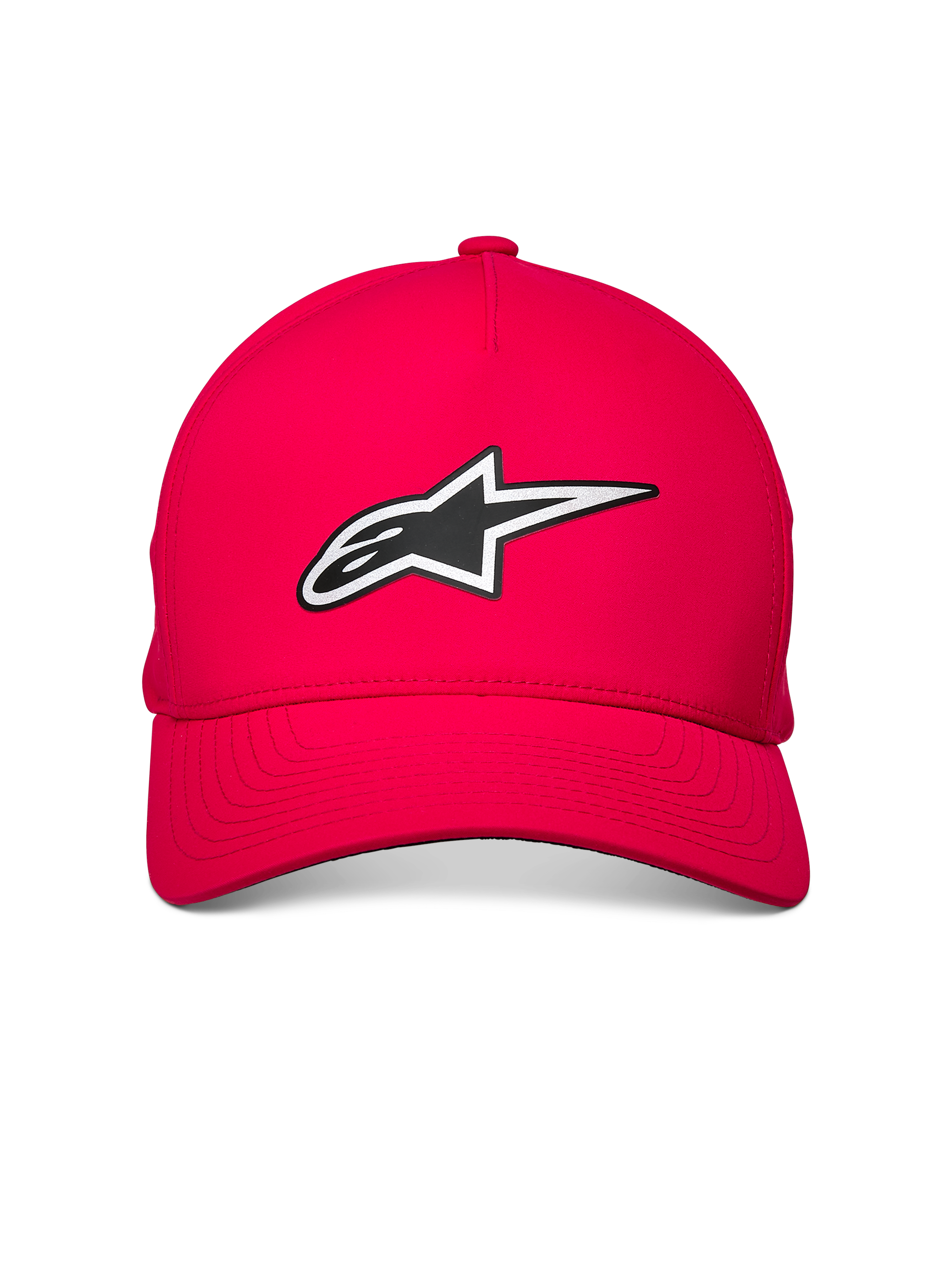Alpinestars Ageless Reflex Waterproof Hat, czerwona czapka z daszkiem, z przodu odblaskowe logo Astars, zakrzywiony daszek i usztywniona korona, wodoodporna tkanina techniczna w stylu motorsportowym