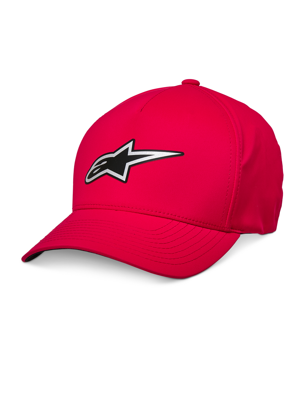 Alpinestars Ageless Reflex Waterproof Hat, czerwona czapka z daszkiem, zakrzywiony daszek, srebrno-czarne odblaskowe logo Astars, wodoodporna tkanina techniczna, sportowe nakrycie głowy