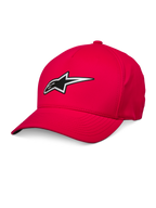 Alpinestars Ageless Reflex Waterproof Hat, czerwona czapka z daszkiem, zakrzywiony daszek, srebrno-czarne odblaskowe logo Astars, wodoodporna tkanina techniczna, sportowe nakrycie głowy