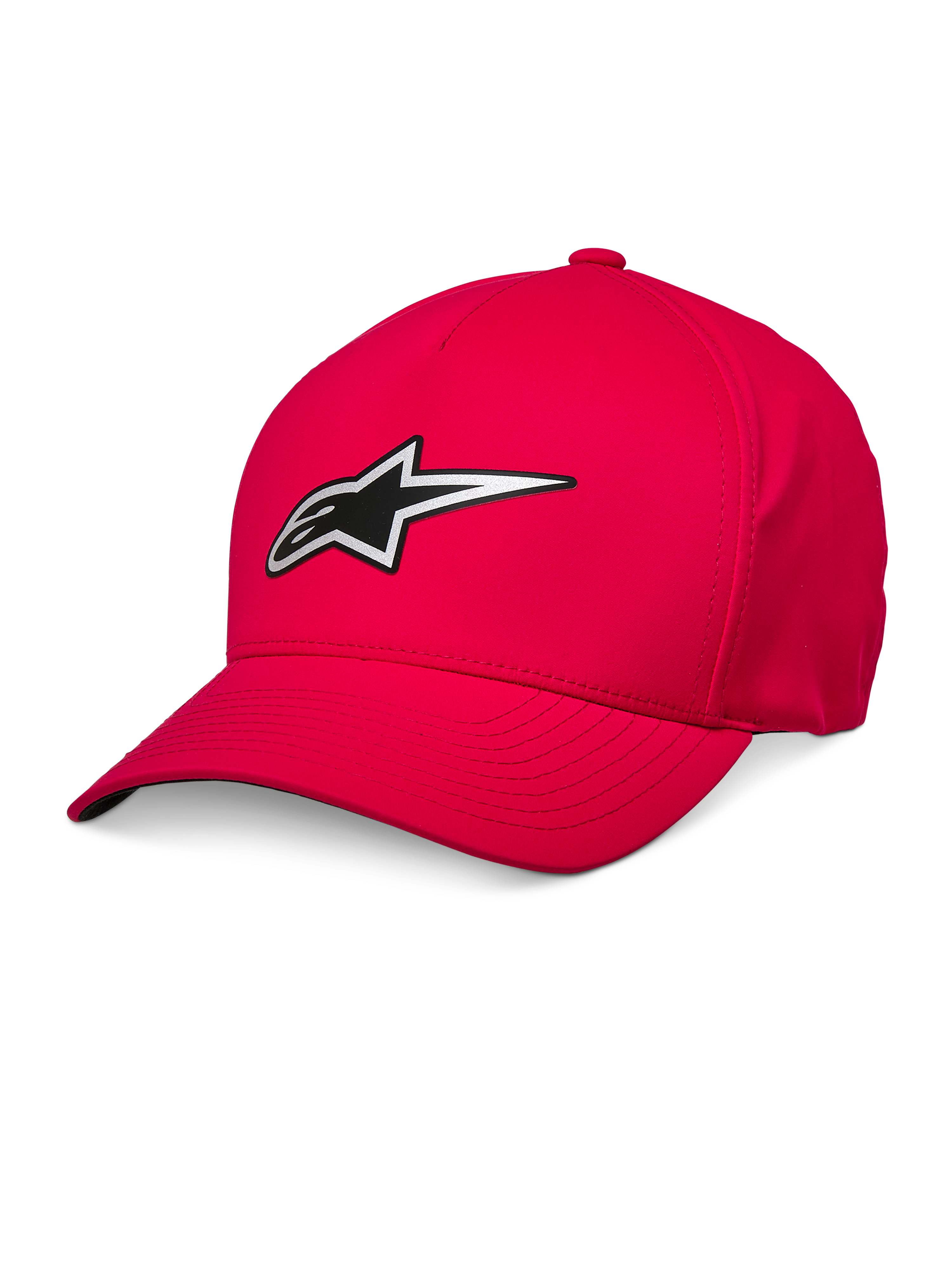 Alpinestars Ageless Reflex Waterproof Hat, czerwona czapka z daszkiem, zakrzywiony daszek, srebrno-czarne odblaskowe logo Astars, wodoodporna tkanina techniczna, sportowe nakrycie głowy