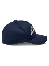 Alpinestars Entitled Hat, Casual Sportswear Hat, Navy Blue and Orange, Side profile view, Curved bill with structured crown, White and Orange Alpinestars logo, Stretch twill fabric