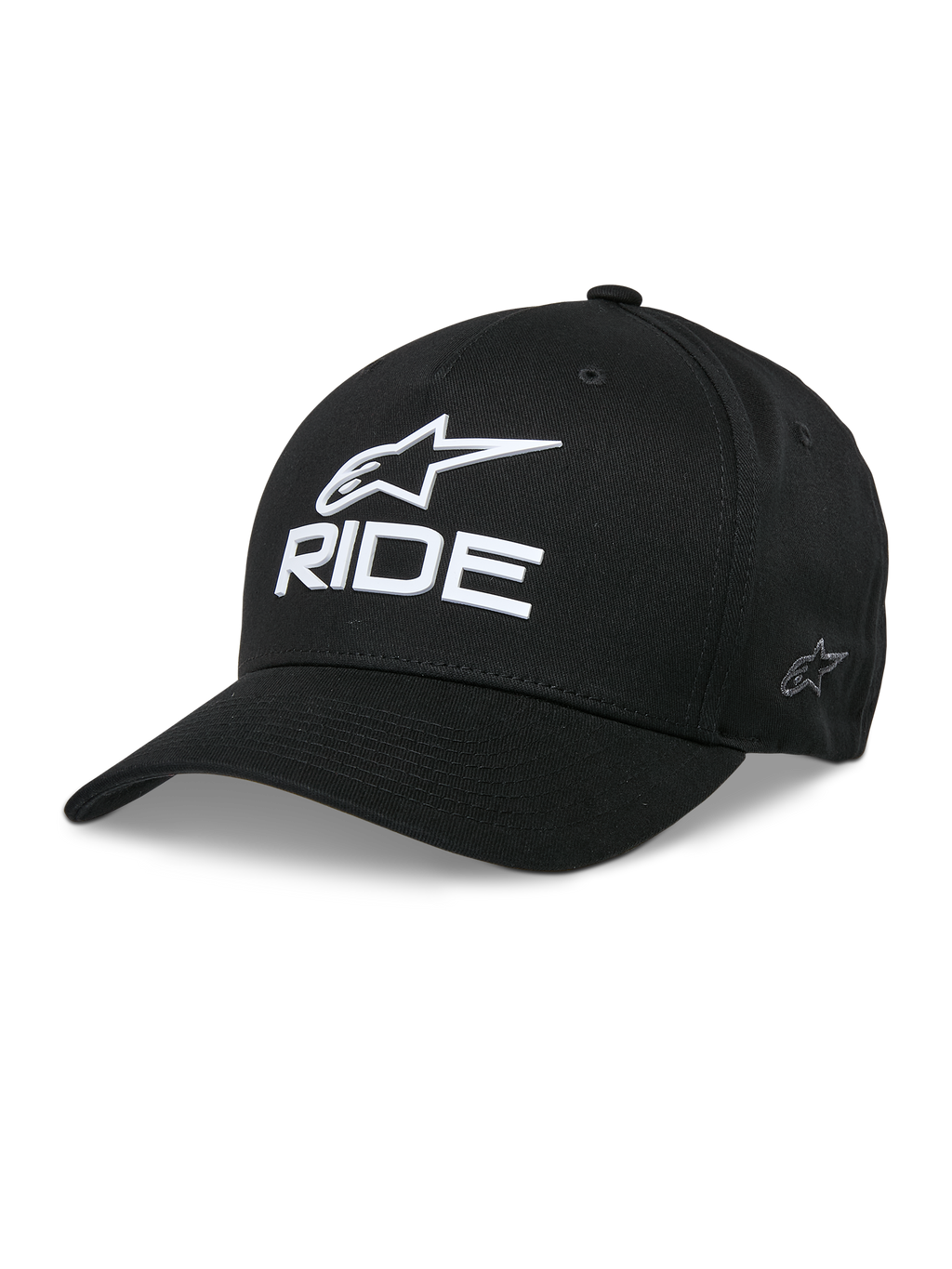 Alpinestars Ride Sonic Hat, czarna czapka z daszkiem, białe haftowane logo 3D z gwiazdą i napisem RIDE, zakrzywiony daszek, usztywniona korona, codzienne nakrycie głowy w stylu motorsportowym