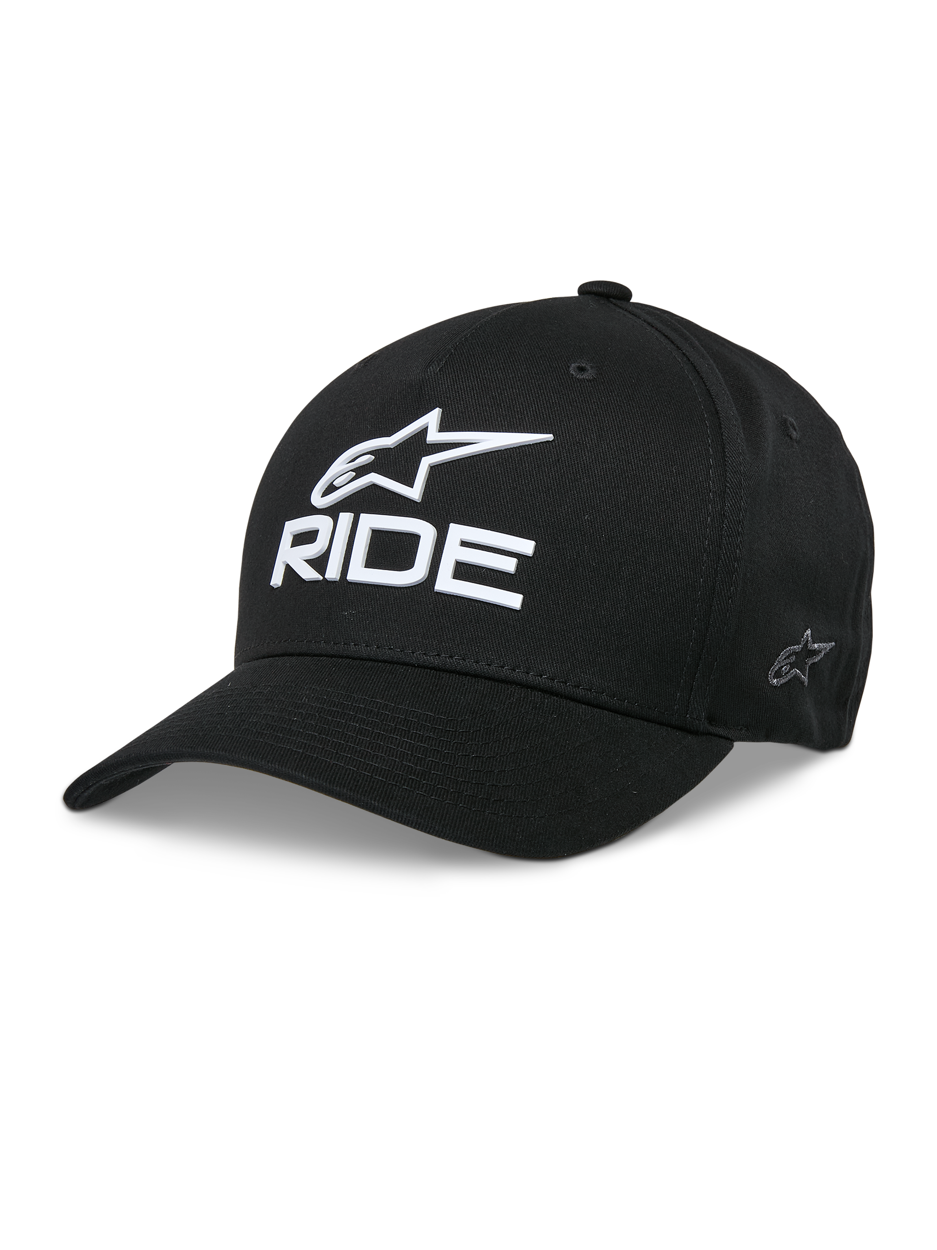 Alpinestars Ride Sonic Hat, czarna czapka z daszkiem, białe haftowane logo 3D z gwiazdą i napisem RIDE, zakrzywiony daszek, usztywniona korona, codzienne nakrycie głowy w stylu motorsportowym