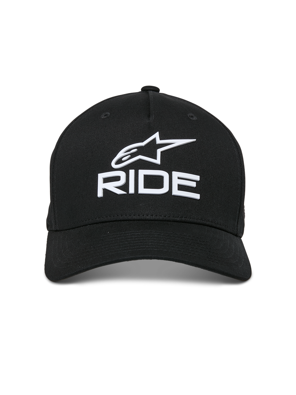 Alpinestars Ride Sonic Hat, czarna, posiada białe haftowane logo 3D z gwiazdą Alpinestars i napisem „RIDE”, zakrzywiony daszek, usztywniona korona, styl streetwear inspirowany motorsportem