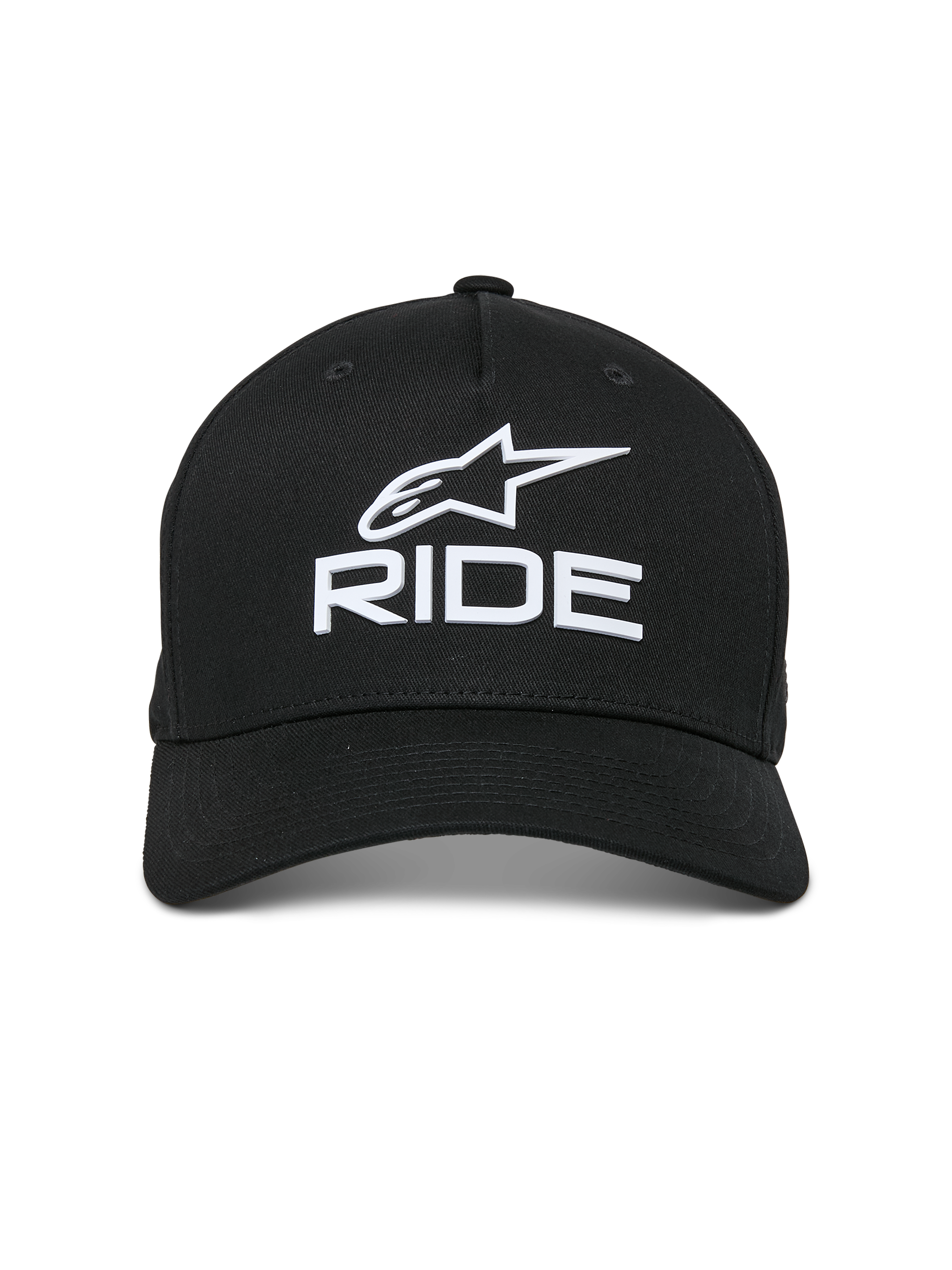 Alpinestars Ride Sonic Hat, czarna, posiada białe haftowane logo 3D z gwiazdą Alpinestars i napisem „RIDE”, zakrzywiony daszek, usztywniona korona, styl streetwear inspirowany motorsportem