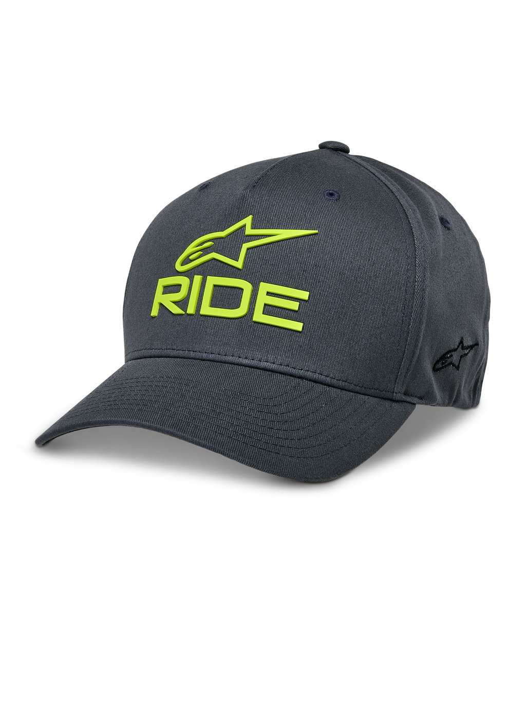 Alpinestars Ride Sonic Hat, ciemnoszara i jaskrawożółta czapka z daszkiem, haftowane logo 3D RIDE i gwiazda, zakrzywiony daszek, usztywniona korona, elastyczny materiał, sportowe nakrycie głowy