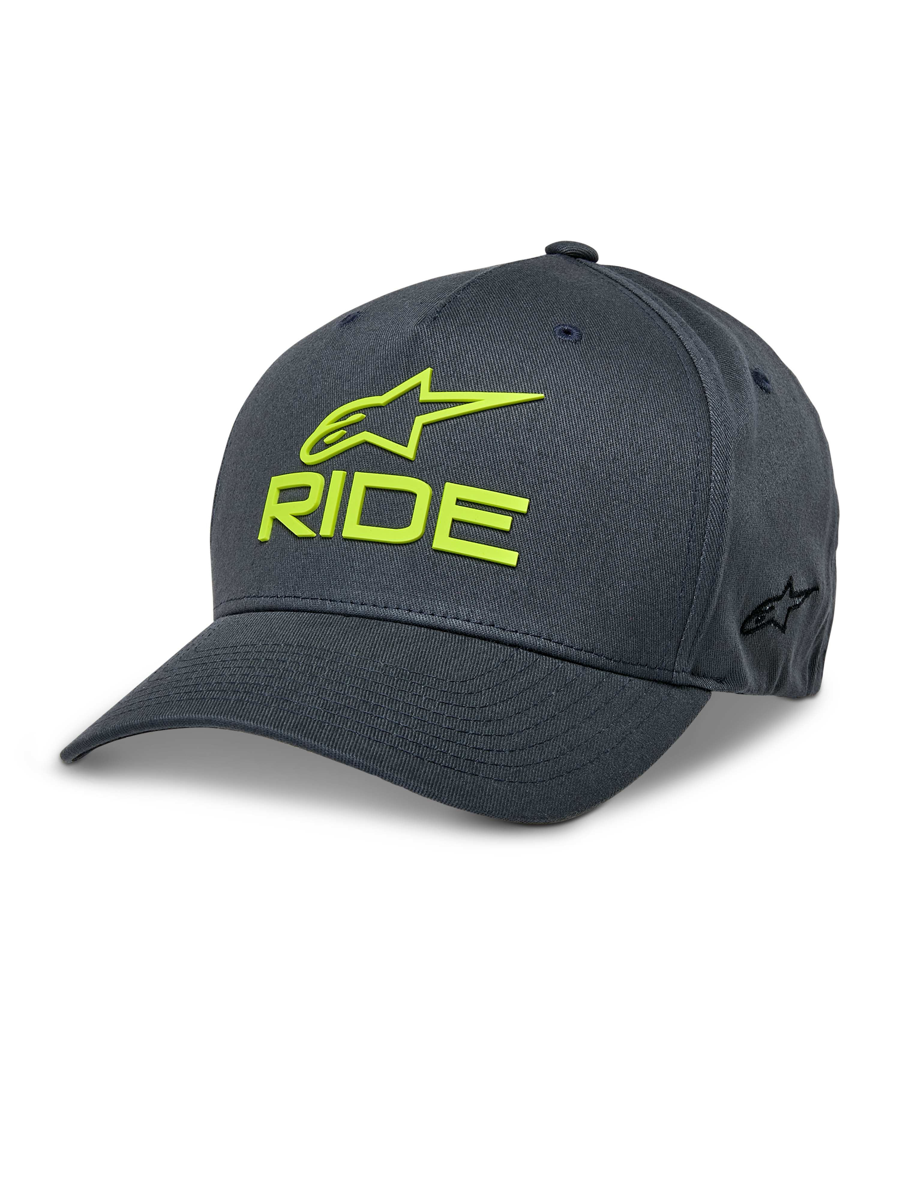 Alpinestars Ride Sonic Hat, ciemnoszara i jaskrawożółta czapka z daszkiem, haftowane logo 3D RIDE i gwiazda, zakrzywiony daszek, usztywniona korona, elastyczny materiał, sportowe nakrycie głowy