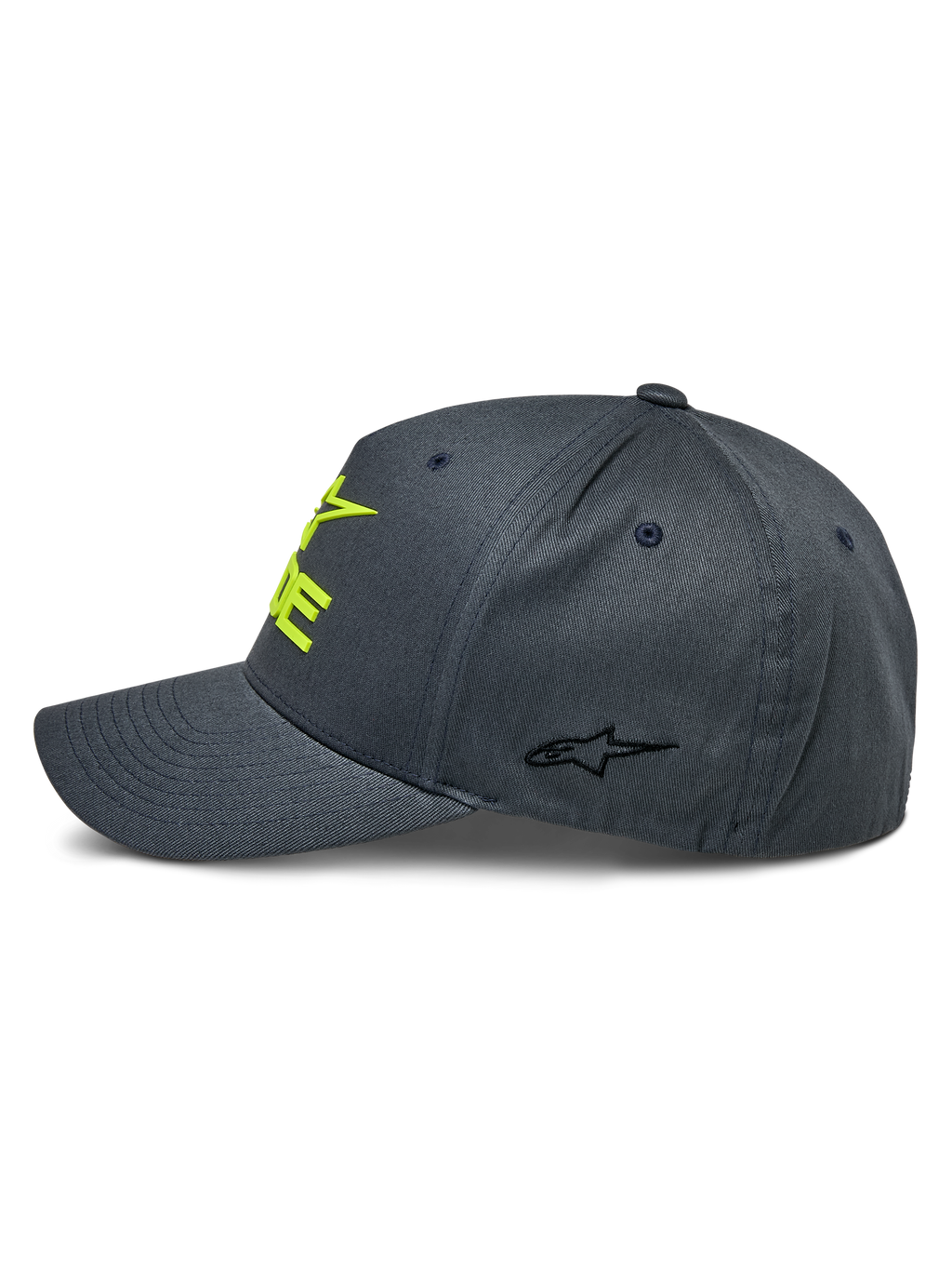 Alpinestars Ride Sonic Hat, grafitowa i jaskrawożółta, widok z boku prezentujący zakrzywiony daszek i usztywnioną koronę, żółte haftowane logo 3D z przodu i małe czarne logo gwiazdy na panelu bocznym, sportowe nakrycie głowy