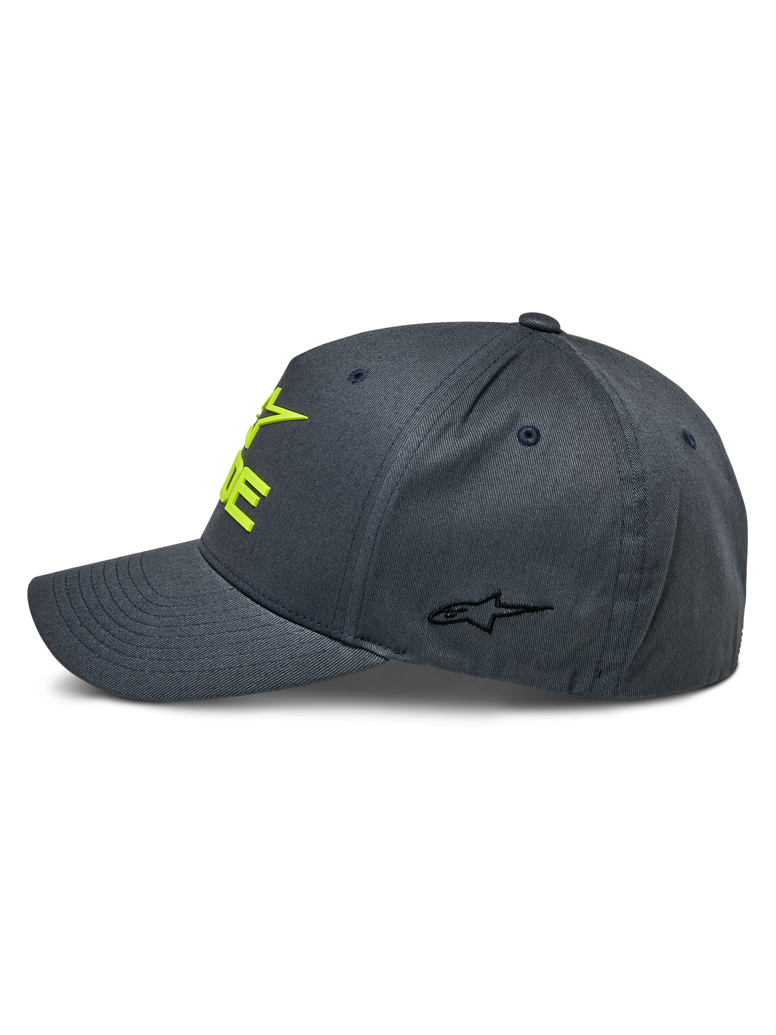 Alpinestars Ride Sonic Hat, grafitowa i jaskrawożółta, widok z boku prezentujący zakrzywiony daszek i usztywnioną koronę, żółte haftowane logo 3D z przodu i małe czarne logo gwiazdy na panelu bocznym, sportowe nakrycie głowy