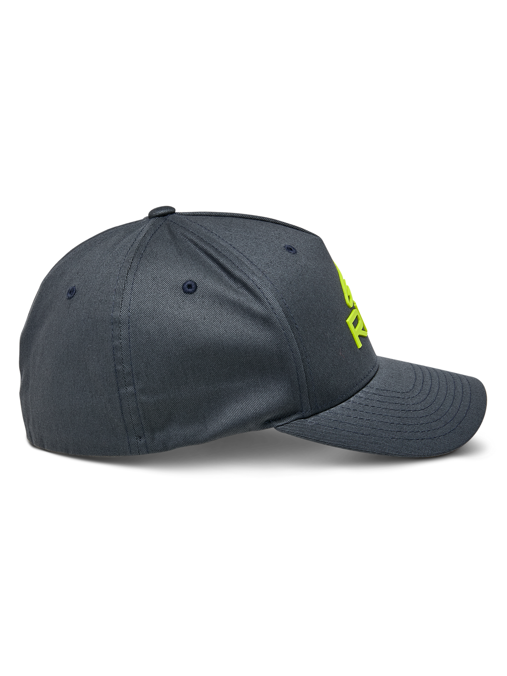 Alpinestars Ride Sonic Hat, widok z profilu, grafitowa z neonowożółtym haftowanym logo 3D, zakrzywiony daszek i usztywniona korona, elastyczna czapka motorsportowa