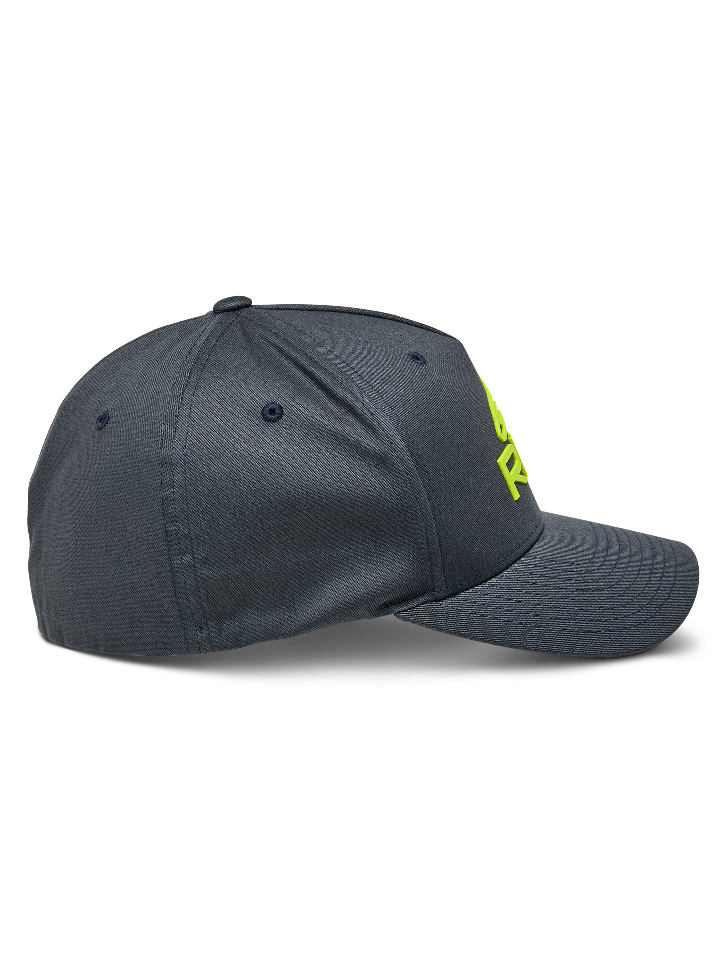 Alpinestars Ride Sonic Hat, widok z profilu, grafitowa z neonowożółtym haftowanym logo 3D, zakrzywiony daszek i usztywniona korona, elastyczna czapka motorsportowa