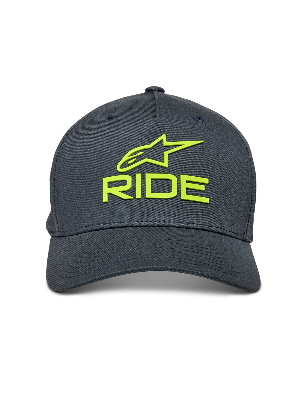 Alpinestars Ride Sonic Hat, grafitowa z jaskrawożółtymi elementami, haftowane logo 3D Alpinestars i napis RIDE, zakrzywiony daszek, usztywniona korona, codzienna czapka inspirowana sportami motorowymi