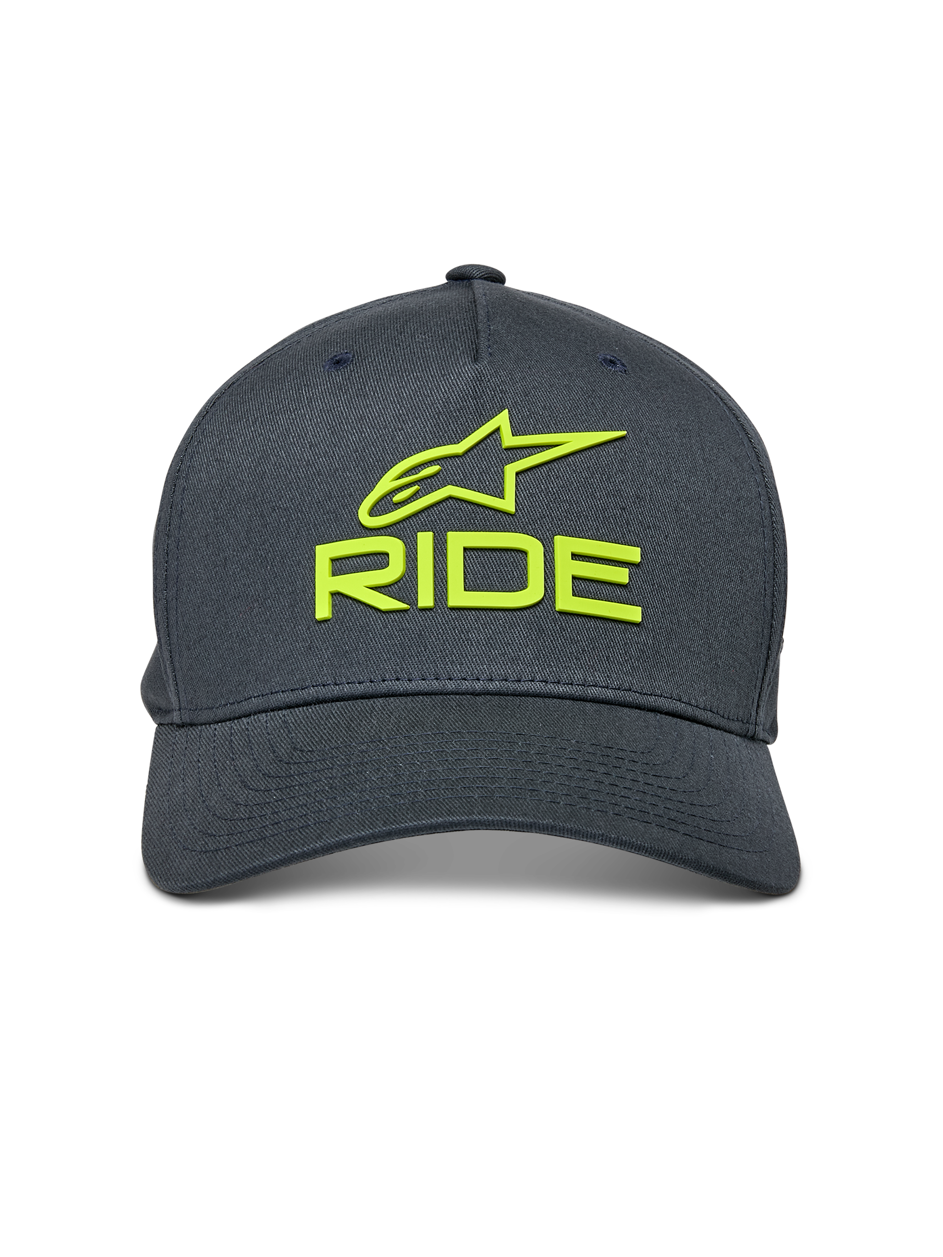 Alpinestars Ride Sonic Hat, grafitowa z jaskrawożółtymi elementami, haftowane logo 3D Alpinestars i napis RIDE, zakrzywiony daszek, usztywniona korona, codzienna czapka inspirowana sportami motorowymi