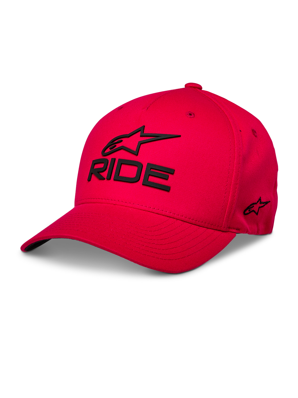 Alpinestars Ride Sonic Hat, czerwona czapka z daszkiem, czarne haftowane logo 3D i napis „RIDE”, zakrzywiony daszek, usztywniona korona, casualowy styl motorsportowy