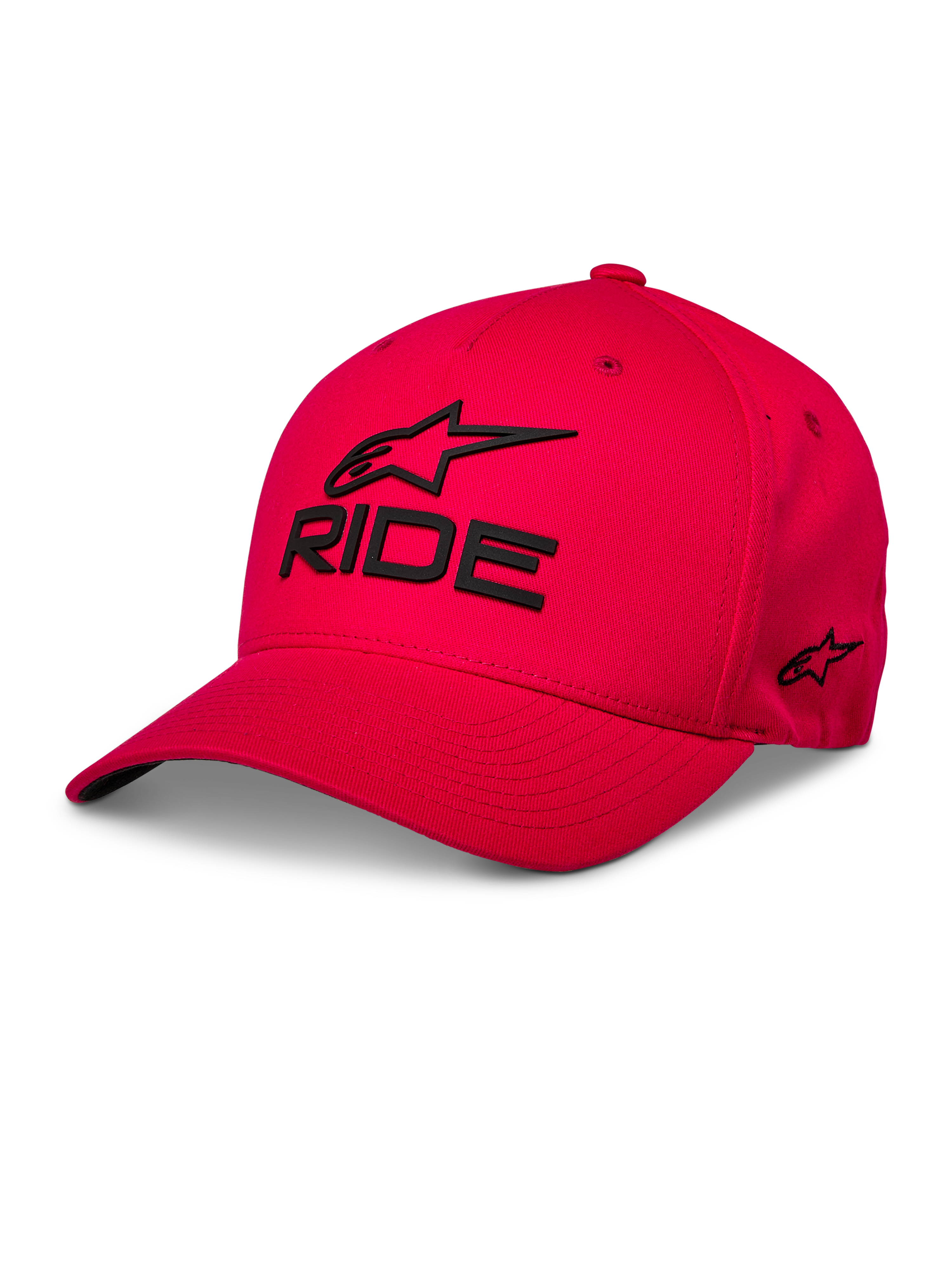 Alpinestars Ride Sonic Hat, czerwona czapka z daszkiem, czarne haftowane logo 3D i napis „RIDE”, zakrzywiony daszek, usztywniona korona, casualowy styl motorsportowy