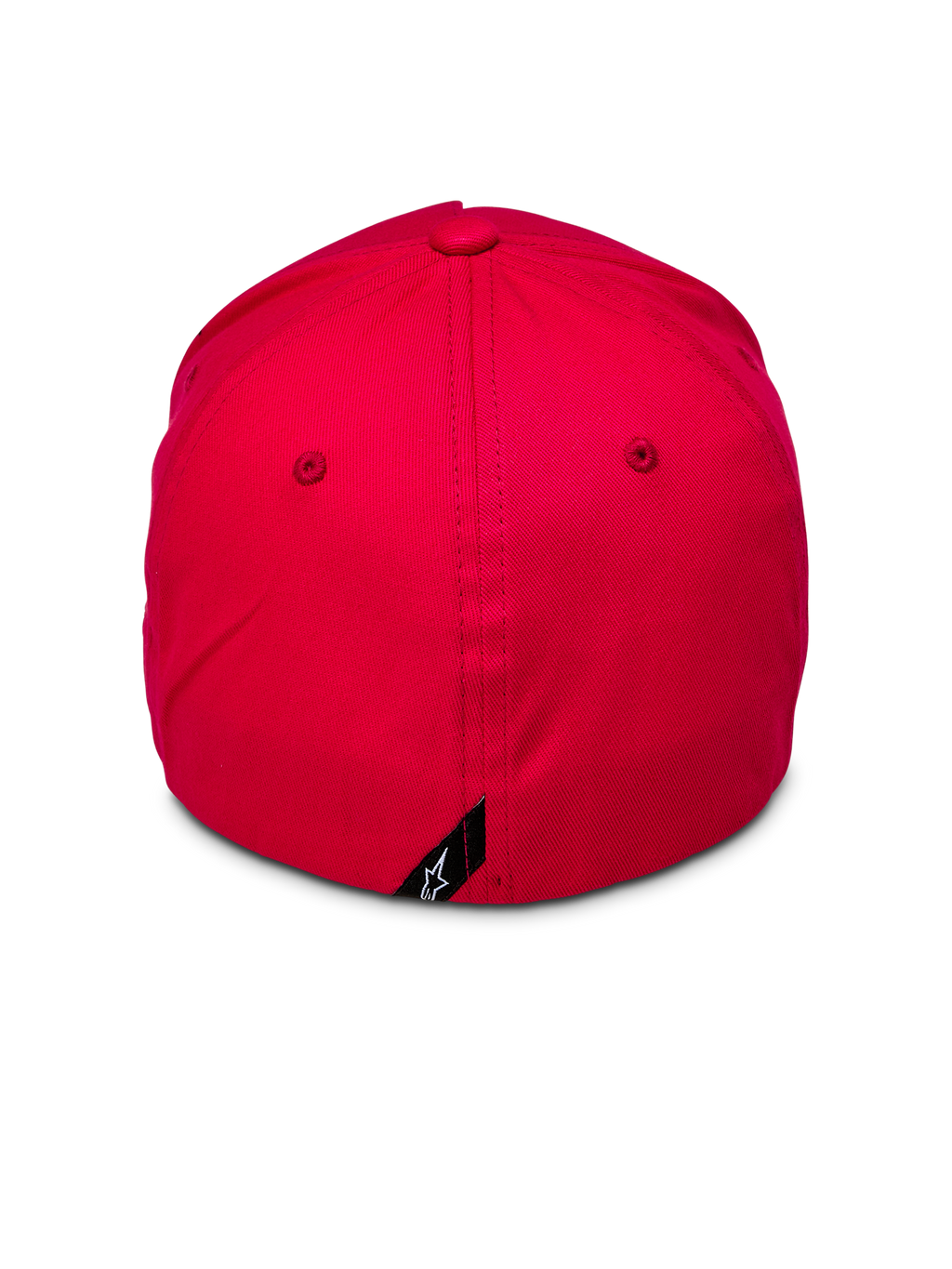 Alpinestars Ride Sonic Hat, widok z tyłu czerwonej czapki z daszkiem, usztywniona korona z elastycznym tyłem, mała czarna metka z białym logo gwiazdy Alpinestars z tyłu, czerwona czapka z elastycznej tkaniny