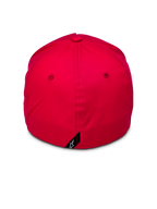 Alpinestars Ride Sonic Hat, widok z tyłu czerwonej czapki z daszkiem, usztywniona korona z elastycznym tyłem, mała czarna metka z białym logo gwiazdy Alpinestars z tyłu, czerwona czapka z elastycznej tkaniny