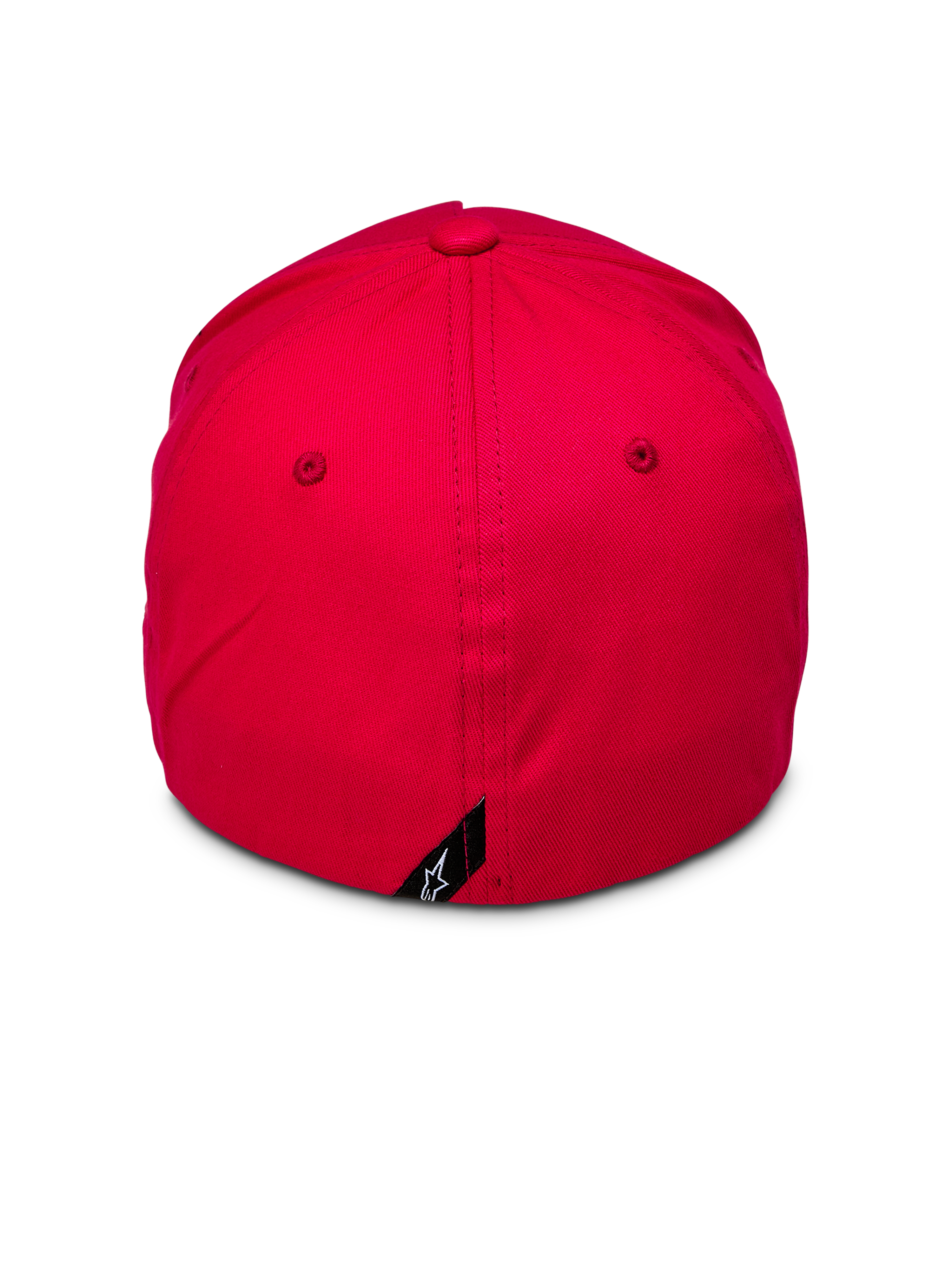 Alpinestars Ride Sonic Hat, widok z tyłu czerwonej czapki z daszkiem, usztywniona korona z elastycznym tyłem, mała czarna metka z białym logo gwiazdy Alpinestars z tyłu, czerwona czapka z elastycznej tkaniny