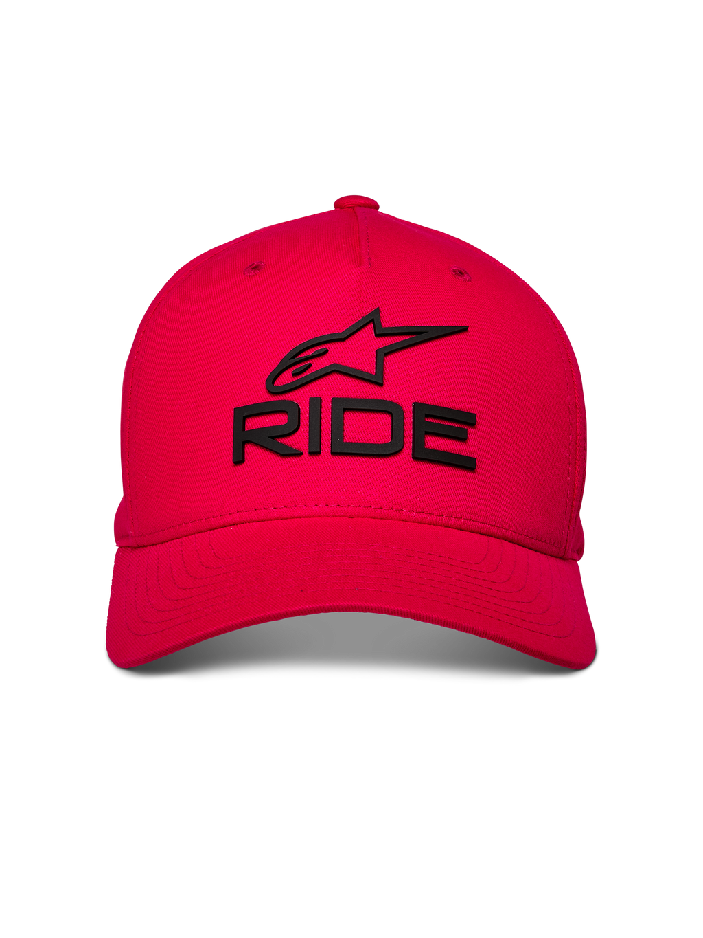Alpinestars Ride Sonic Hat, czerwona czapka z daszkiem, czarne haftowane logo 3D RIDE i gwiazda, zakrzywiony daszek z usztywnioną koroną, casualowe nakrycie głowy w stylu motorsportowym
