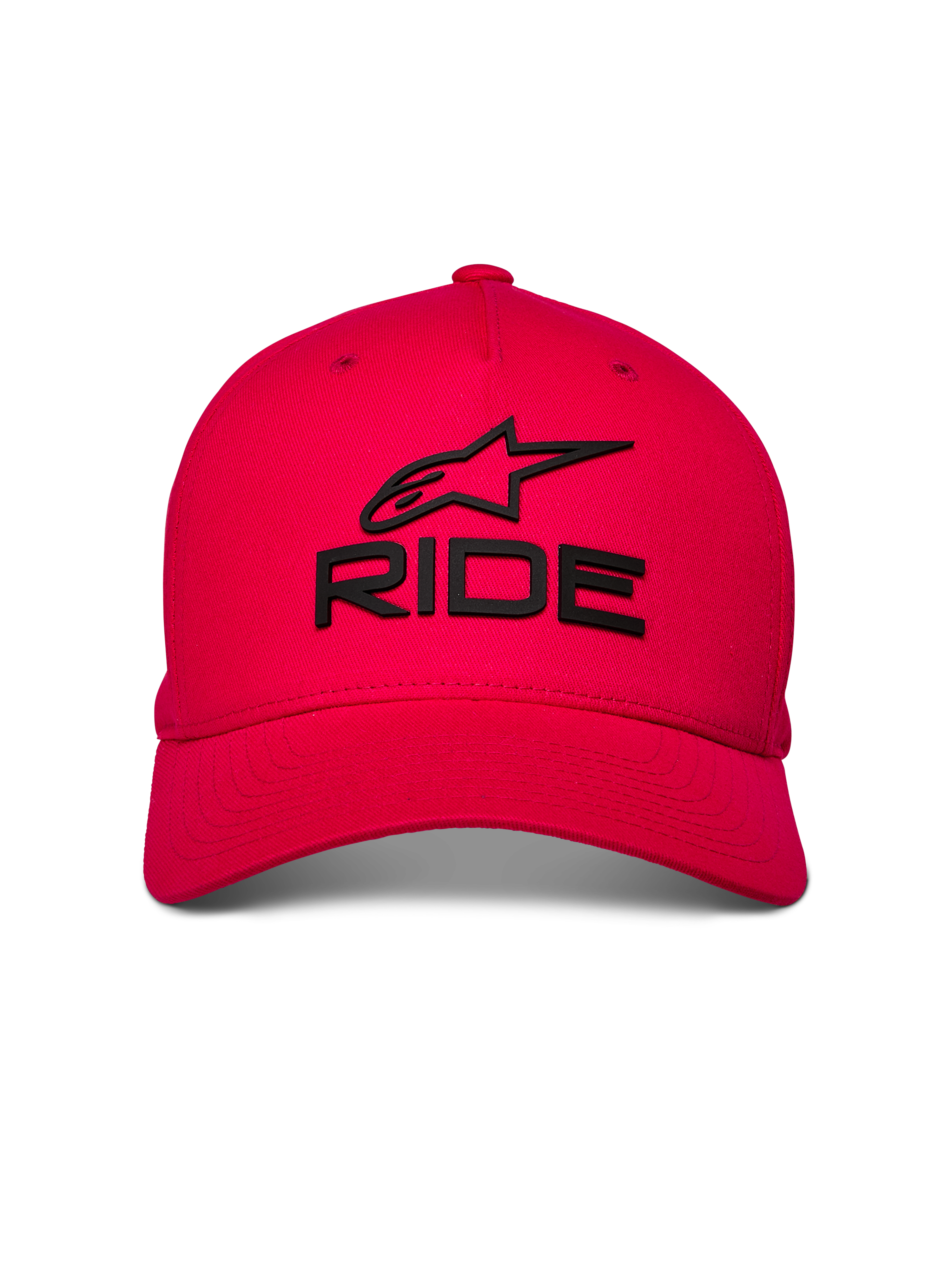 Alpinestars Ride Sonic Hat, czerwona czapka z daszkiem, czarne haftowane logo 3D RIDE i gwiazda, zakrzywiony daszek z usztywnioną koroną, casualowe nakrycie głowy w stylu motorsportowym