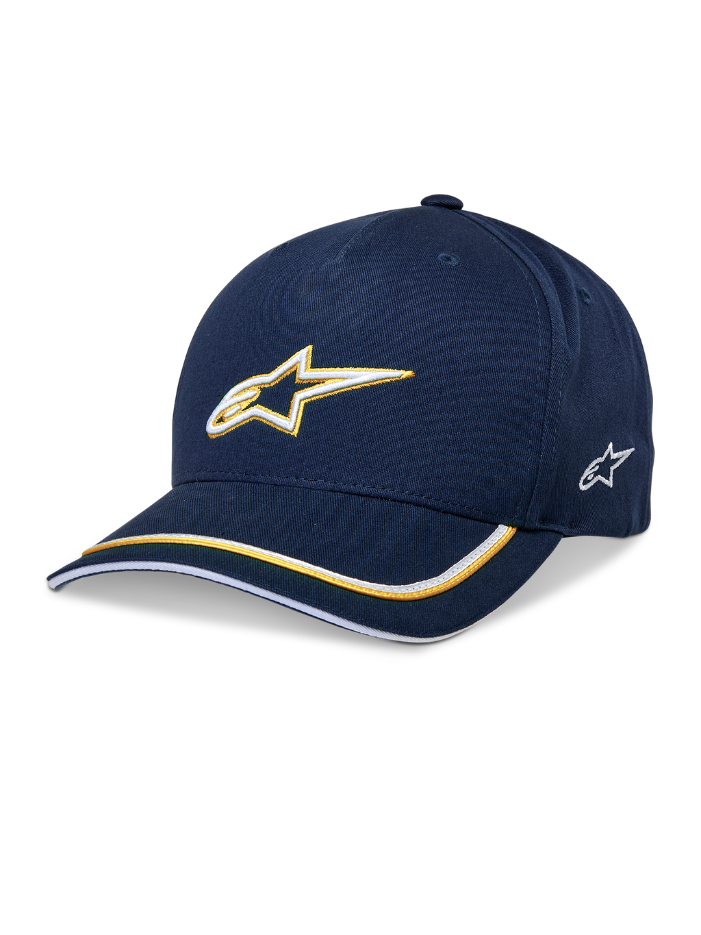 Alpinestars Ascension Snapback Hat, czapka z daszkiem, granatowo-złota, haftowane logo 3D Astars, zakrzywiony daszek z żółtymi i białymi paskami, codzienne nakrycie głowy w stylu motorsportowym