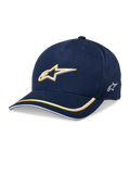 Alpinestars Ascension Snapback Hat, czapka z daszkiem, granatowo-złota, haftowane logo 3D Astars, zakrzywiony daszek z żółtymi i białymi paskami, codzienne nakrycie głowy w stylu motorsportowym