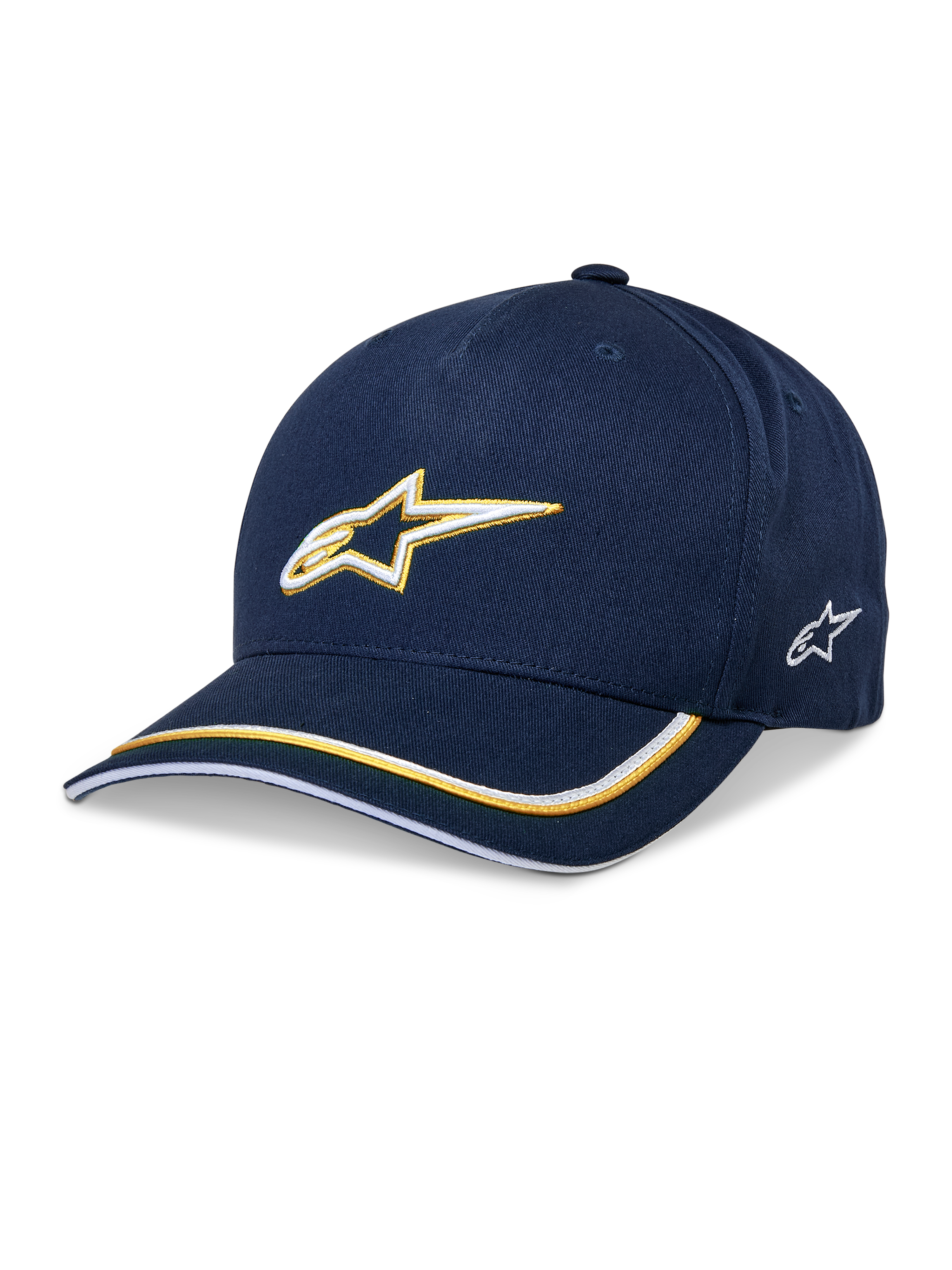 Alpinestars Ascension Snapback Hat, czapka z daszkiem, granatowo-złota, haftowane logo 3D Astars, zakrzywiony daszek z żółtymi i białymi paskami, codzienne nakrycie głowy w stylu motorsportowym