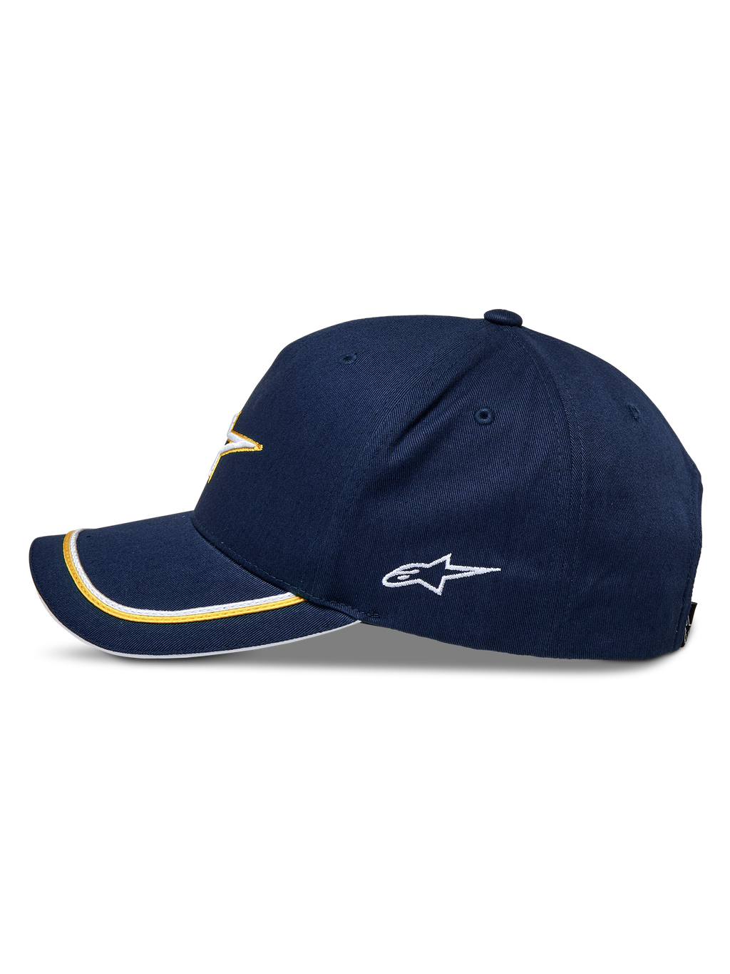 Alpinestars Ascension Snapback Hat, granatowo-złota czapka z daszkiem, widok z profilu, zakrzywiony daszek ze złotym i białym podwójnym wykończeniem sutache, haftowane logo z boku, casualowy styl motorsportowy
