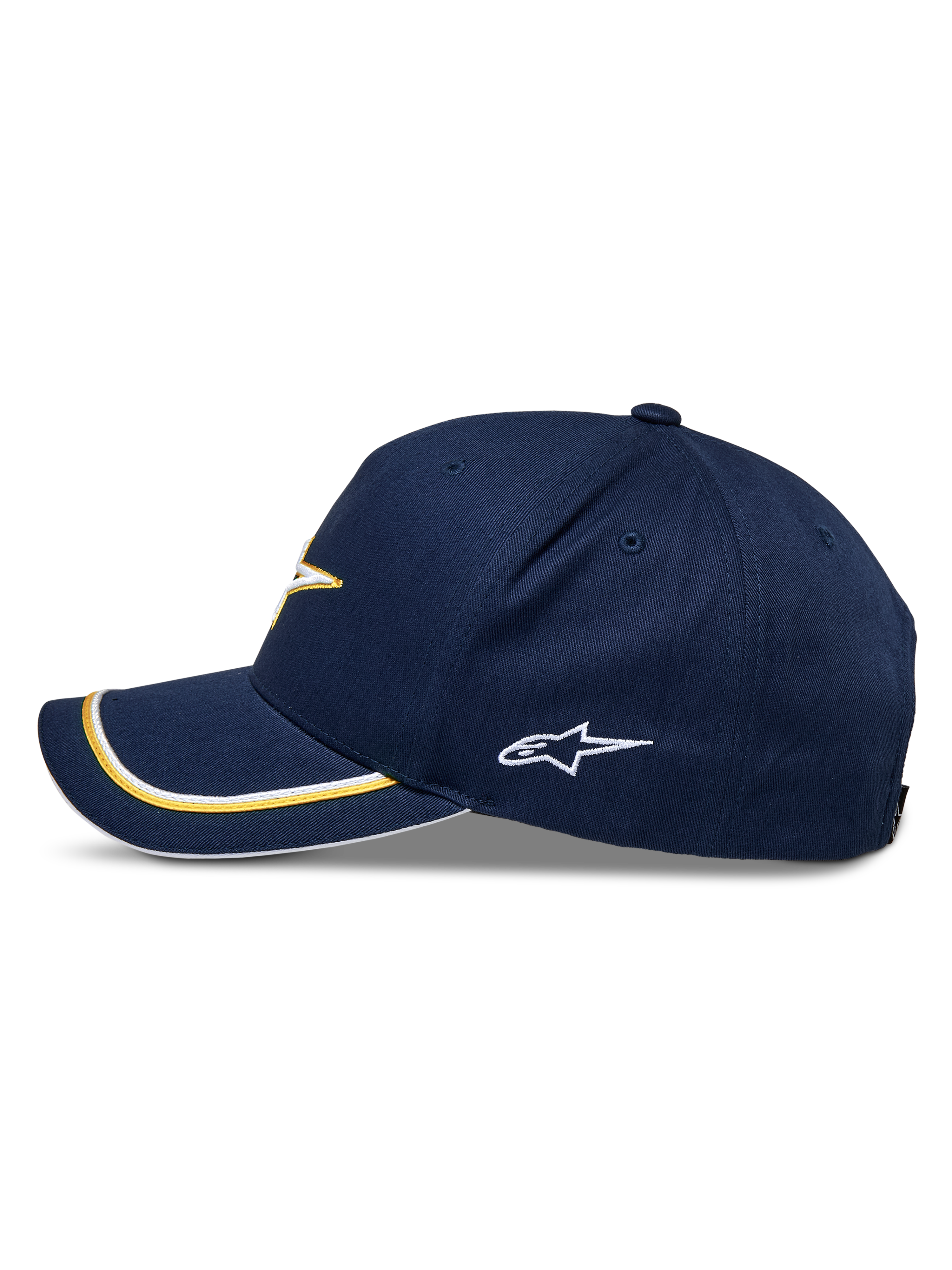 Alpinestars Ascension Snapback Hat, granatowo-złota czapka z daszkiem, widok z profilu, zakrzywiony daszek ze złotym i białym podwójnym wykończeniem sutache, haftowane logo z boku, casualowy styl motorsportowy