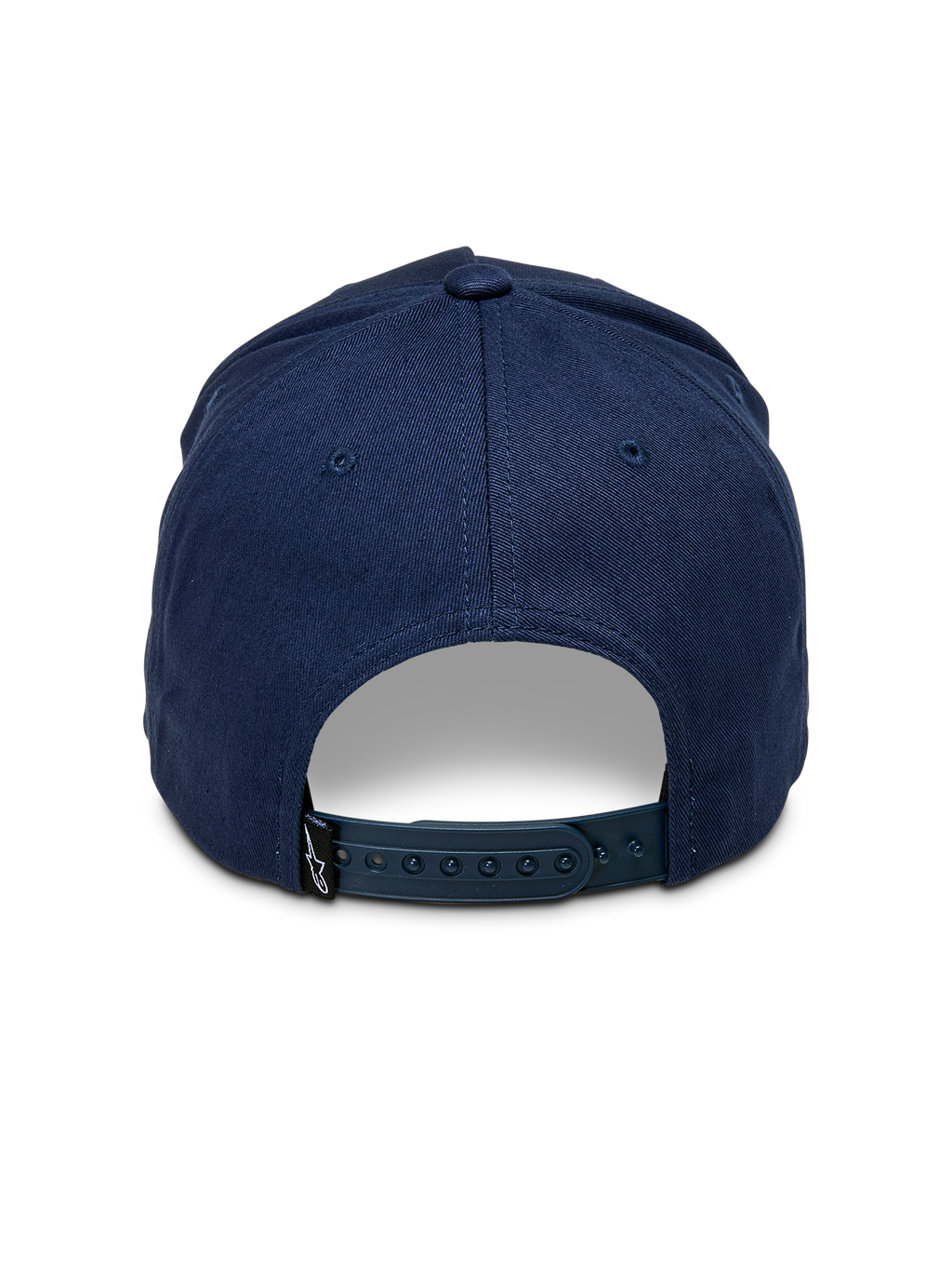 Alpinestars Ascension Snapback Hat, granatowa czapka z daszkiem, widok z tyłu z regulowanym zapięciem snapback i usztywnioną koroną, mała czarna metka z logo Astars, codzienny styl motorsport streetwear