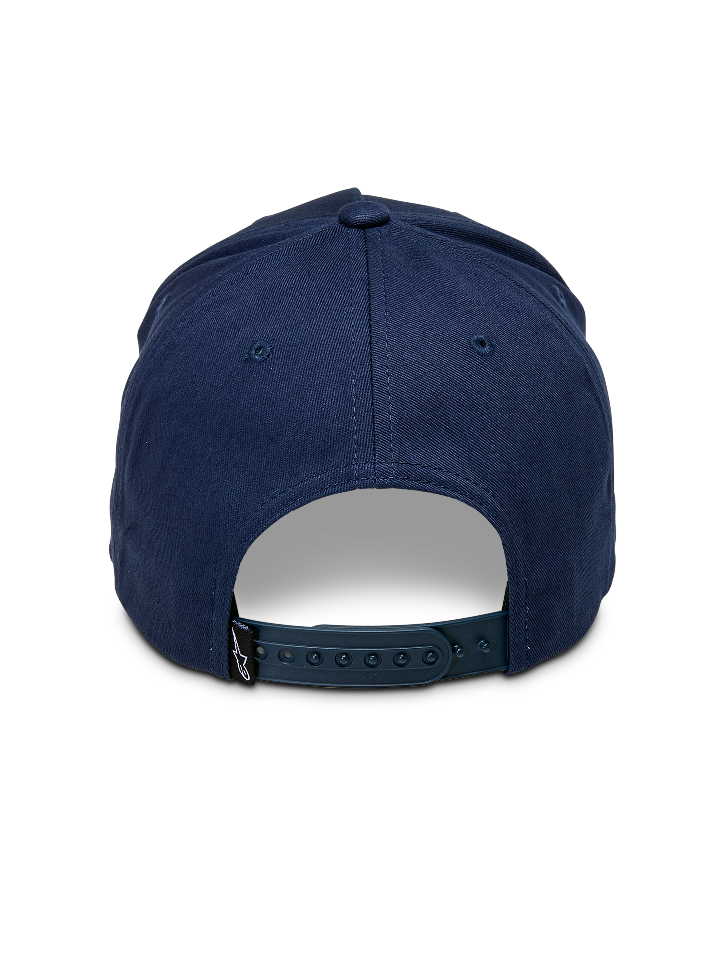 Alpinestars Ascension Snapback Hat, granatowa czapka z daszkiem, widok z tyłu z regulowanym zapięciem snapback i usztywnioną koroną, mała czarna metka z logo Astars, codzienny styl motorsport streetwear