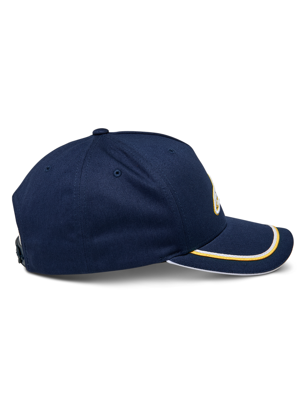 Alpinestars Ascension Snapback Hat, widok z boku, granatowa ze złotym i białym wykończeniem sutache na zakrzywionym daszku, usztywniona korona, casualowe nakrycie głowy w stylu motorsport