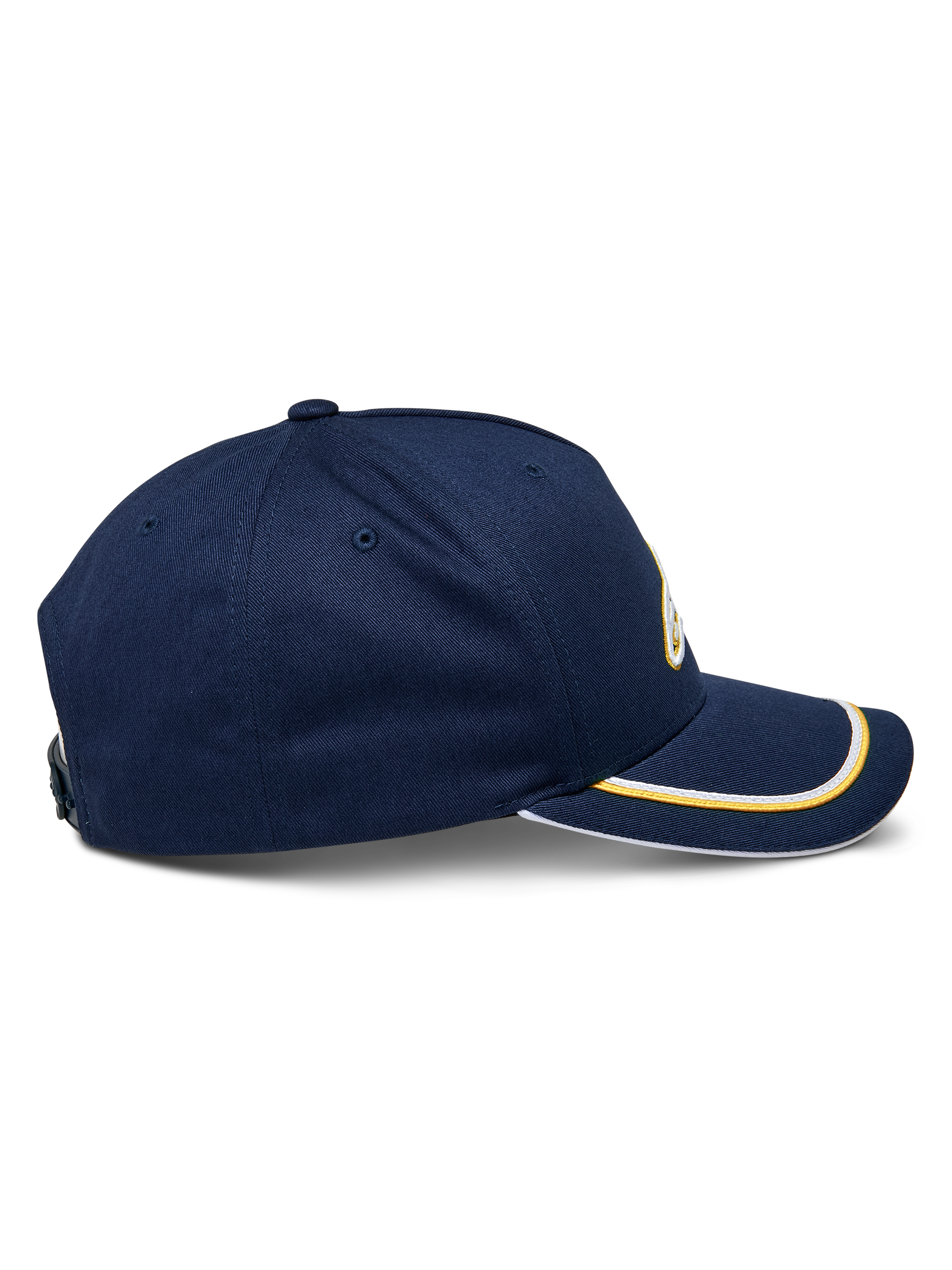 Alpinestars Ascension Snapback Hat, widok z boku, granatowa ze złotym i białym wykończeniem sutache na zakrzywionym daszku, usztywniona korona, casualowe nakrycie głowy w stylu motorsport