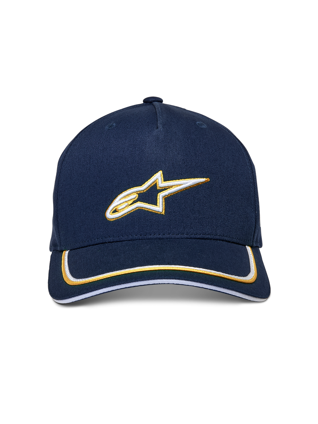 Alpinestars Ascension Snapback Hat, granatowo-złota, biało-złote haftowane logo Astars 3D, zakrzywiony daszek z podwójnym wykończeniem sutache, codzienna czapka inspirowana sportami motorowymi