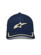 Alpinestars Ascension Snapback Hat, granatowo-złota, biało-złote haftowane logo Astars 3D, zakrzywiony daszek z podwójnym wykończeniem sutache, codzienna czapka inspirowana sportami motorowymi