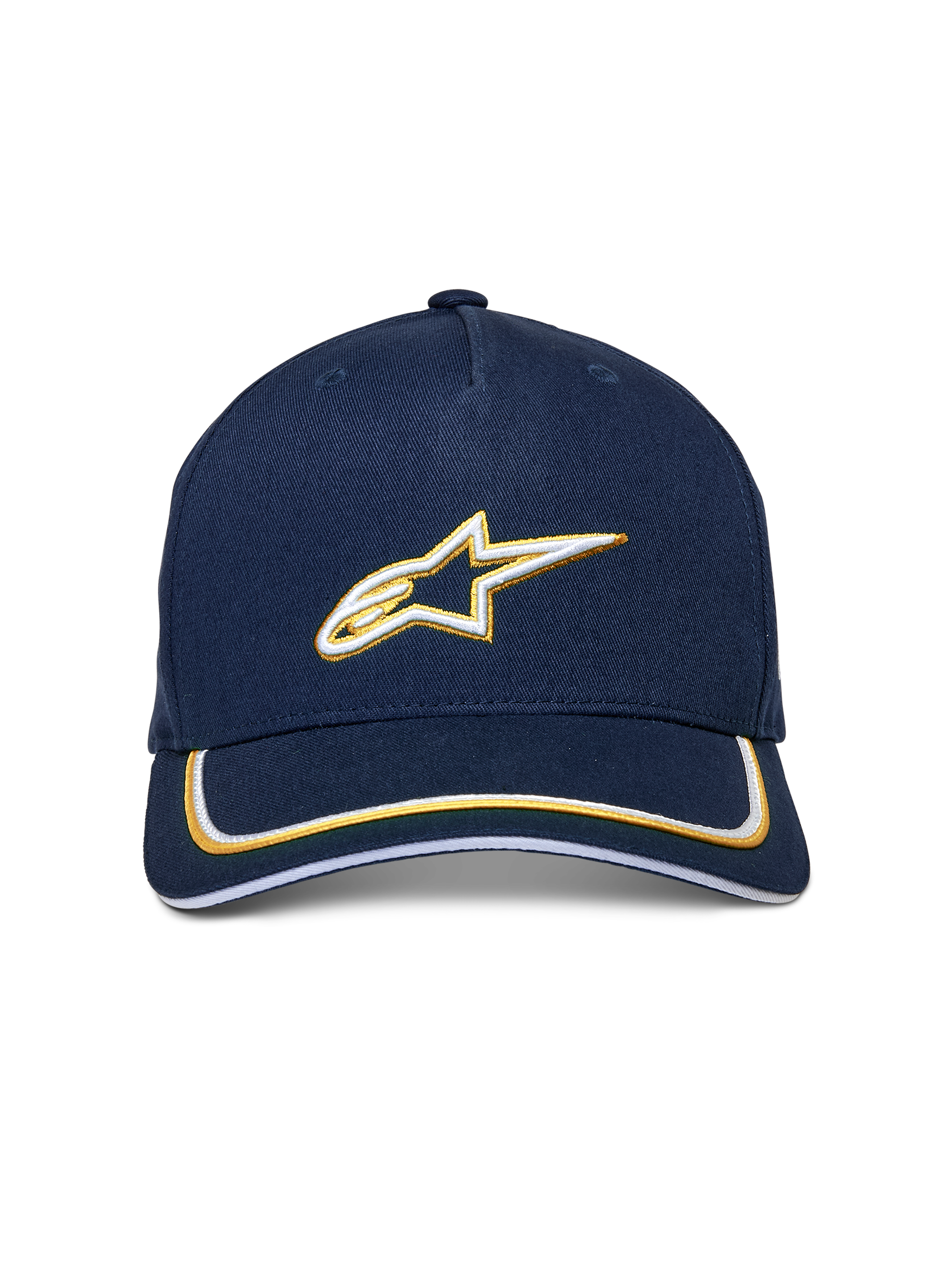 Alpinestars Ascension Snapback Hat, granatowo-złota, biało-złote haftowane logo Astars 3D, zakrzywiony daszek z podwójnym wykończeniem sutache, codzienna czapka inspirowana sportami motorowymi